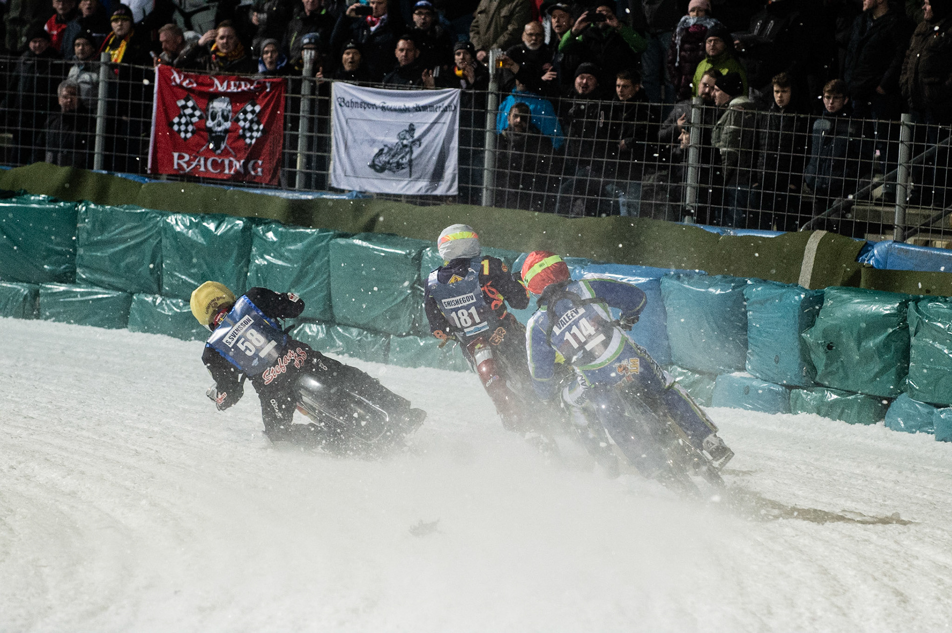 Photo: Ian Charles

Stefan Svensson (58) hits a rut inside Andrei Shishegov (181) and Dinar Valeev (114) causing Shishegov to fall

FIM Ice Speedway Gladiators World Championship, Final 3.1, Horst-Dohm Eisstadion, Berlin, Germany Saturday  2  March  2019