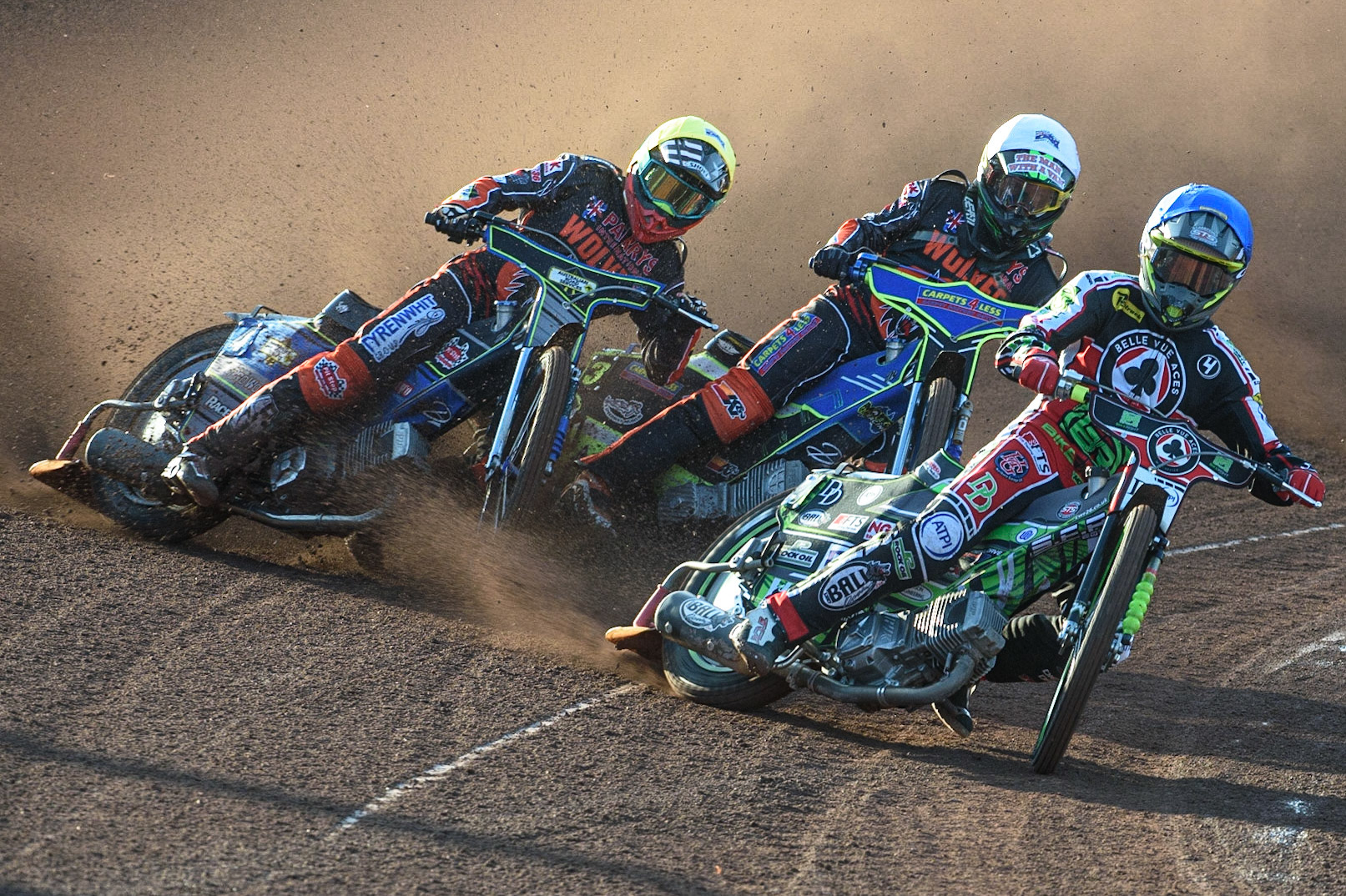 MANCHESTER, UK. JULY 15TH   Charles Wright  (Blue) leads Nick Morris  (White) and Ryan Douglas (Yellow) during the SGB Premiership match between Belle Vue Aces and Wolverhampton Wolves at the National Speedway Stadium, Manchester on Thursday 15th July 2021. (Credit: Ian Charles | MI News)