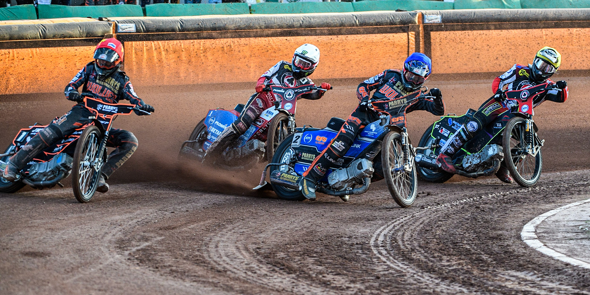 (l - r) Sam Masters (Red), Dan Bewley (White), Steve Worrall (Blue) bv2\ (Yellow) during the Sports Insure Premiership match between Wolverhampton Wolves and Belle Vue Aces at Monmore Green Stadium, Wolverhampton on Monday 29th May 2023. (Photo: Ian Charles | MI News)