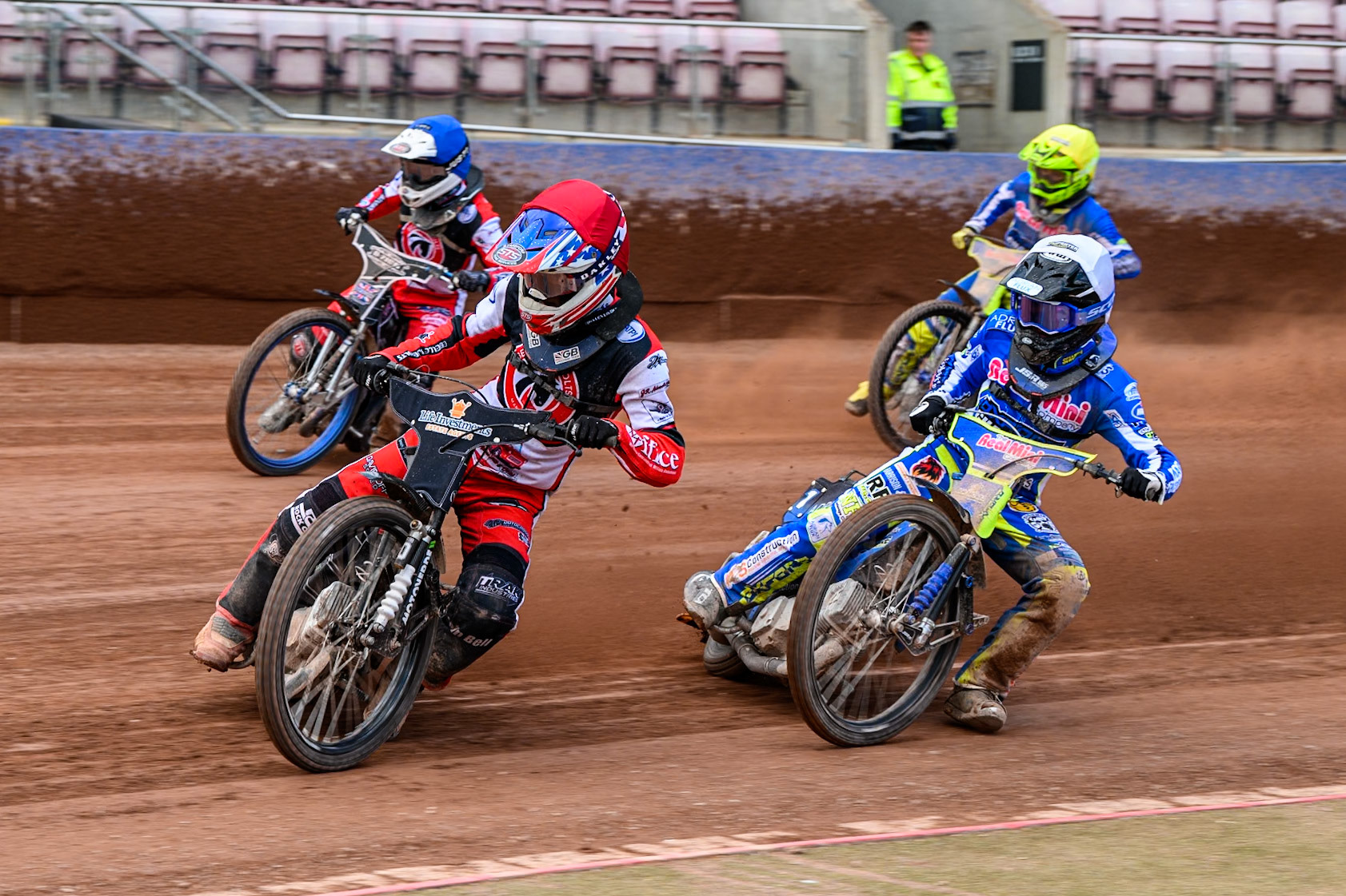 Belle Vue Colts' Freddy Hodder  in Red leading Oxford Chargers' Jody Scott  in White, Oxford Chargers' Jacob Clouting  in Yellow and Belle Vue Colts' Jack Shimelt  in Blue during the WSRA National Development League match between Belle Vue Colts and Oxford Chargers at the National Speedway Stadium, Manchester on Sunday 1st June 2025. (Photo: Ian Charles | MI News)
