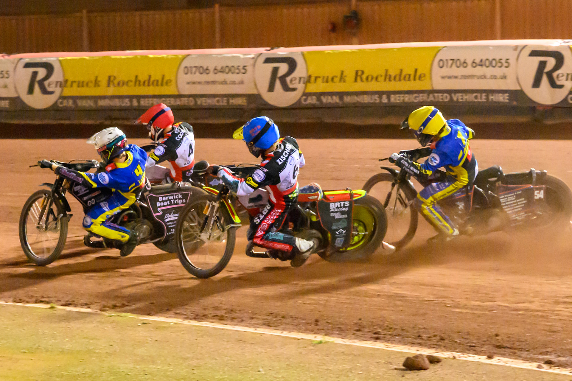 Leon Flint of Sheffield Tigers in White on the inside of Zach Cook of Belle Vue Aces in Red  with \Tate Zischke of Belle Vue Aces in Blue  and Luke Killeen of Sheffield Tigers in Yellow  behind during the Rowe Motor Oil Premiership match between Belle Vue Aces and Sheffield Tigers at the National Speedway Stadium, Manchester on Monday 14th September 2026. (Photo: Ian Charles | MI News)