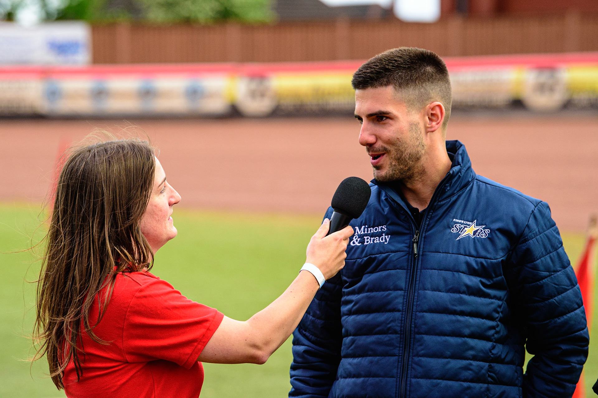 MANCHESTER, UK. MAY 16TH Meeting presenter Hayley Bromley interviews King’s Lynn Minors &amp; Brady Stars  manager Alex Brady  during the SGB Premiership match between Belle Vue Aces and King's Lynn Stars at the National Speedway Stadium, Manchester on Monday 16th May 2022. (Credit: Ian Charles | MI News)