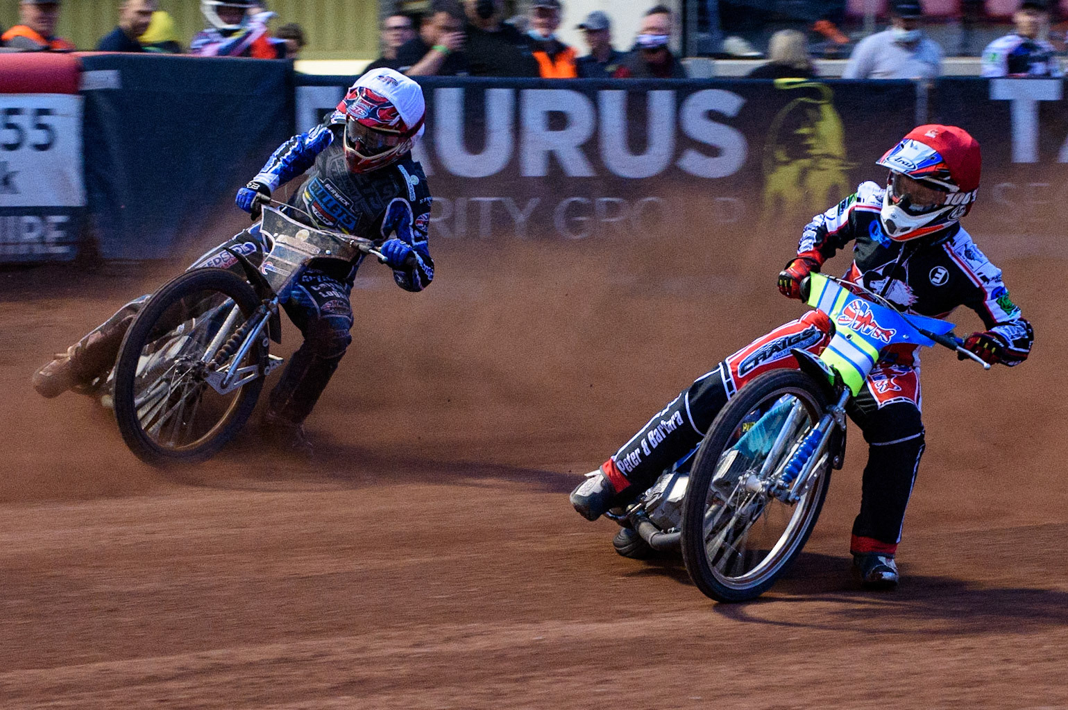 MANCHESTER, UK. MAY 28TH  Benji Compton  (Red) passes Greg Blair (White) during the SGB National Development League match between Belle Vue Colts and Berwick Bullets at the National Speedway Stadium, Manchester on Friday 28th May 2021. (Credit: Ian Charles | MI News)