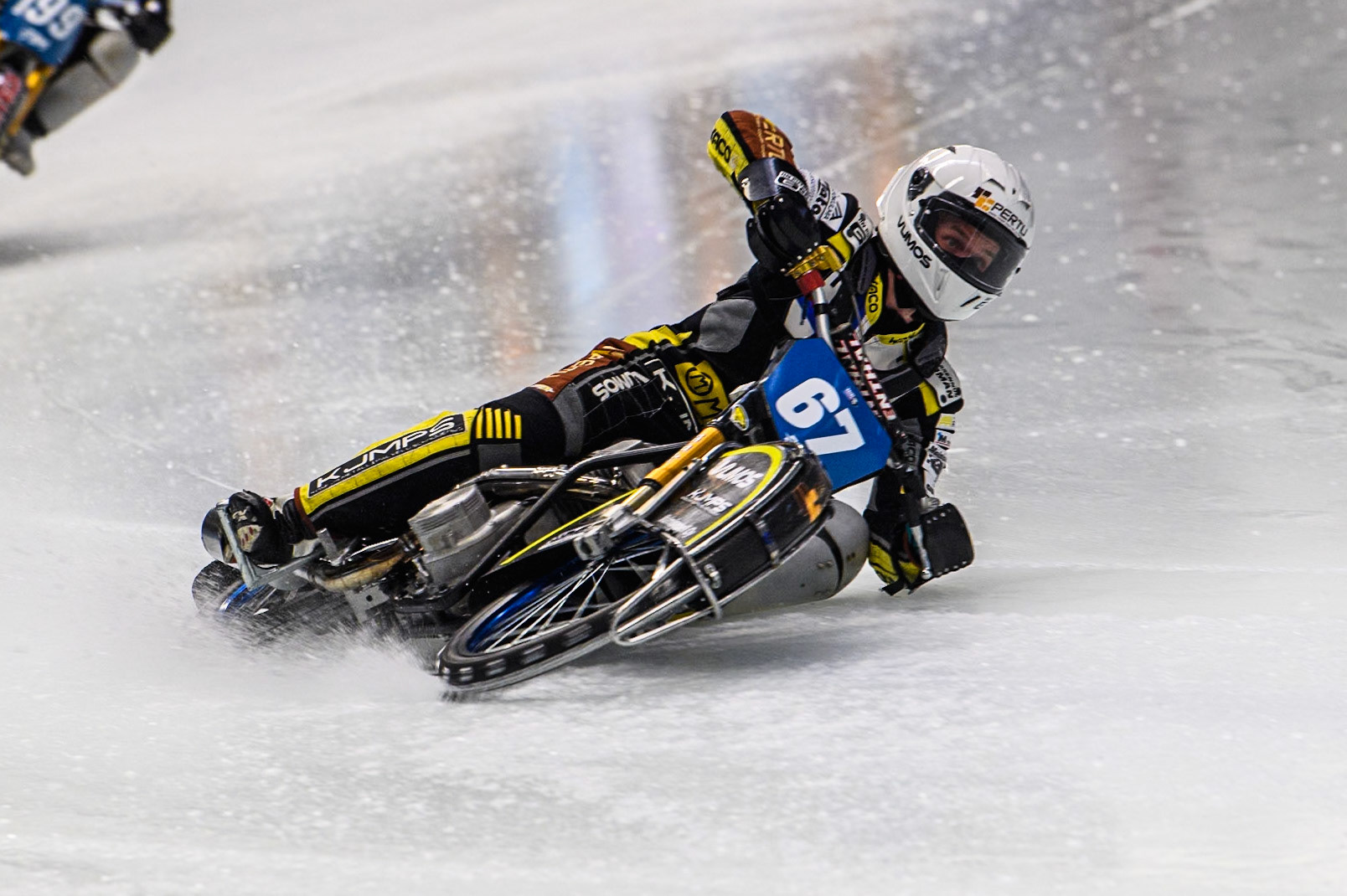 Heikki Huusko (67) of Finland in action during practice for  the Ice Speedway Gladiators World Championship Finals 1 &amp; 2 at Max-Aicher-Arena, Inzell on Friday 14th March 2025. (Photo: Ian Charles | MI News)