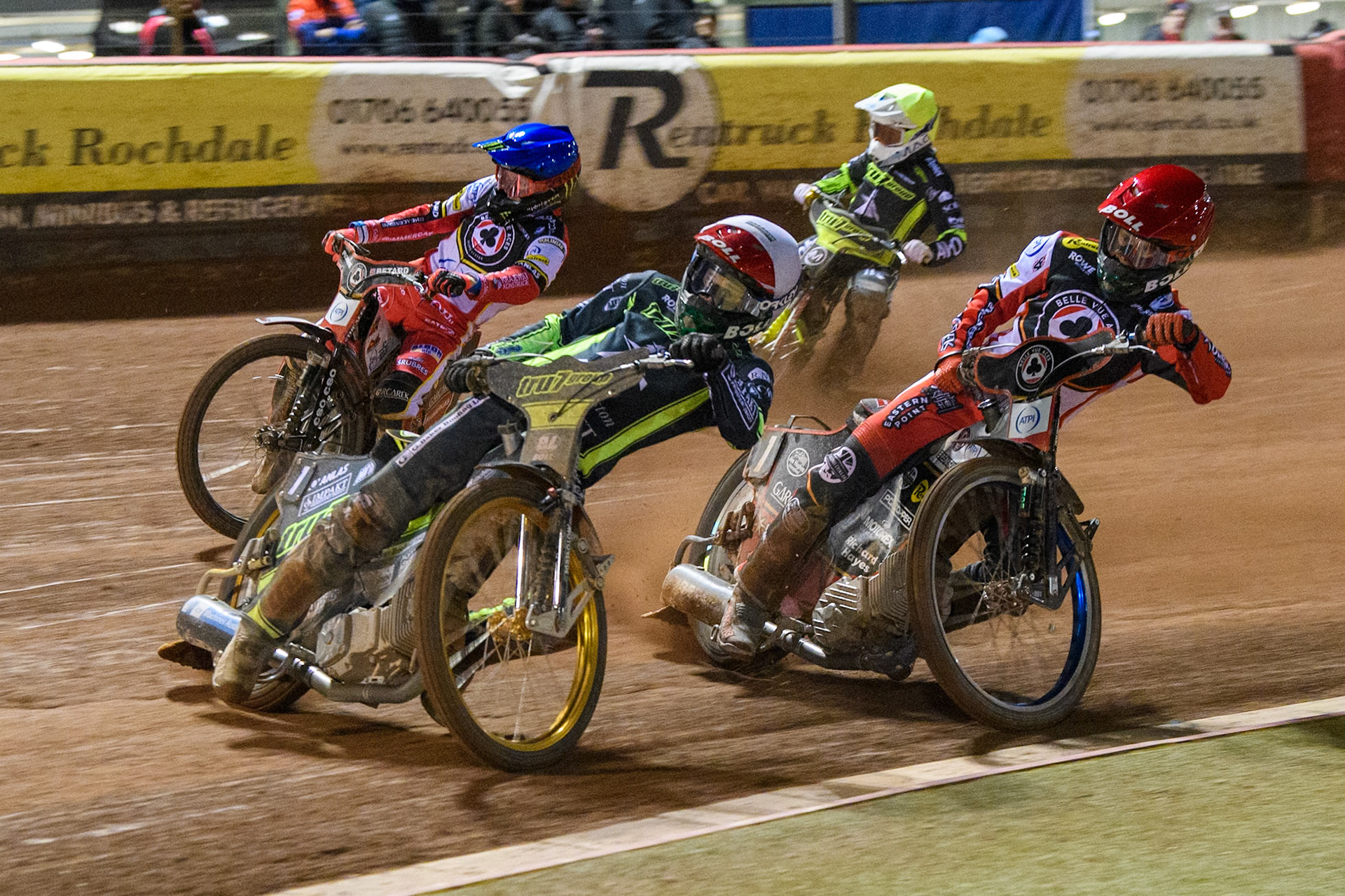 Jason Doyle of Ipswich Witches in White leading Brady Kurtz of Belle Vue Aces in Red, Dan Bewley of Belle Vue Aces in Blue and Emil Sayfutdinov of Ipswich Witches in Yellow during the Premiership Cup Quarter Final 1st Leg match between Belle Vue Aces and Ipswich Witches at the National Speedway Stadium, Manchester on Monday 24th March 2025. (Photo: Ian Charles | MI News)