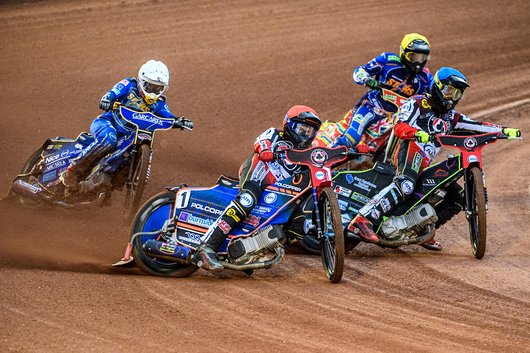 Brady Kurtz (Red) and Tom Brennan (Blue) lead Robert Lambert (White) and Simon Lambert (Yellow) during the Sports Insure Premiership match between Belle Vue Aces and King's Lynn Stars at the National Speedway Stadium, Manchester on Monday 21st August 2023. (Photo: Ian Charles | MI News)
