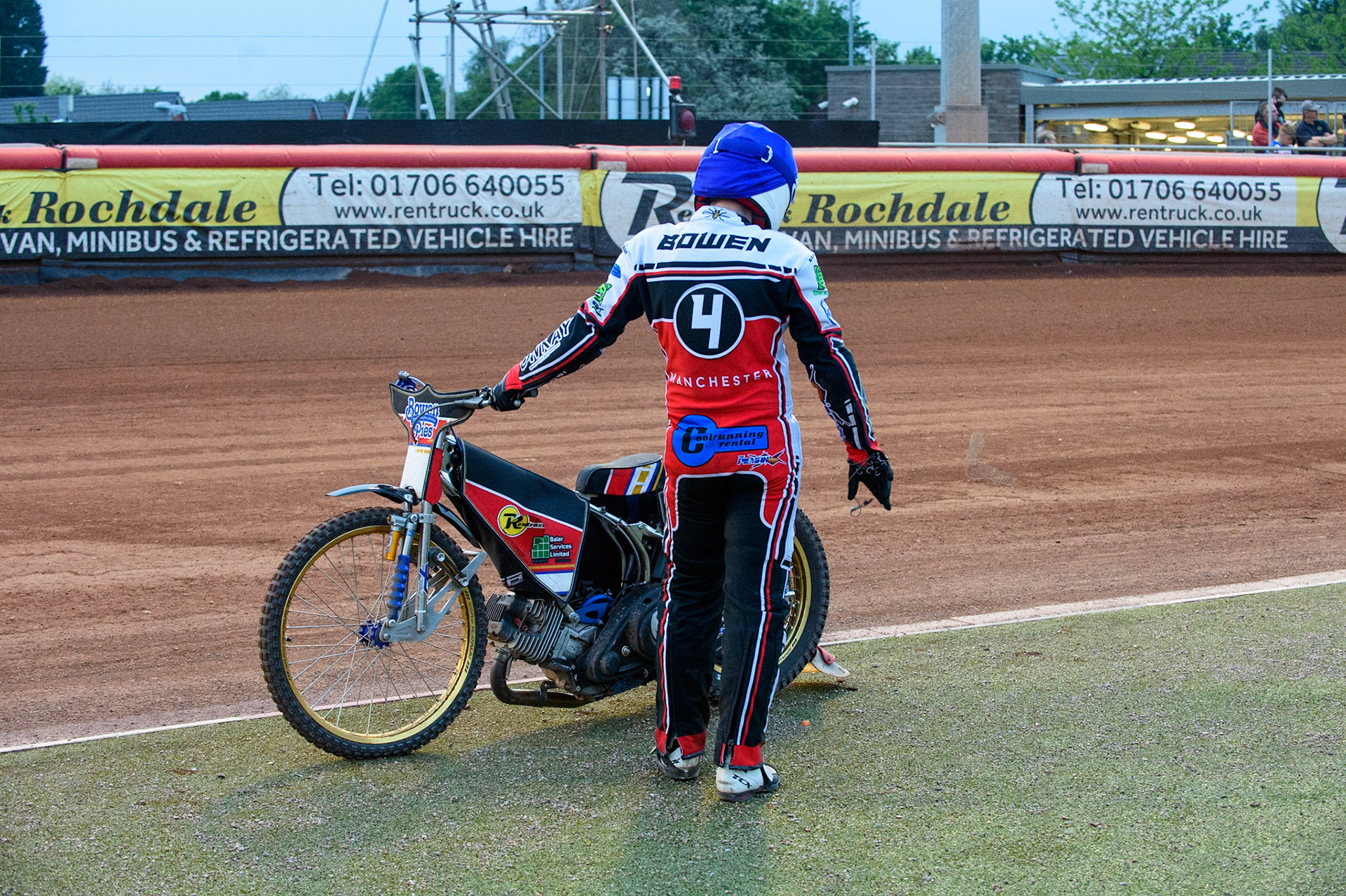 MANCHESTER, UK. MAY 28TH  Paul Bowen stands at the side of the track after his machine packed up when leading a heat during the SGB National Development League match between Belle Vue Colts and Berwick Bullets at the National Speedway Stadium, Manchester on Friday 28th May 2021. (Credit: Ian Charles | MI News)