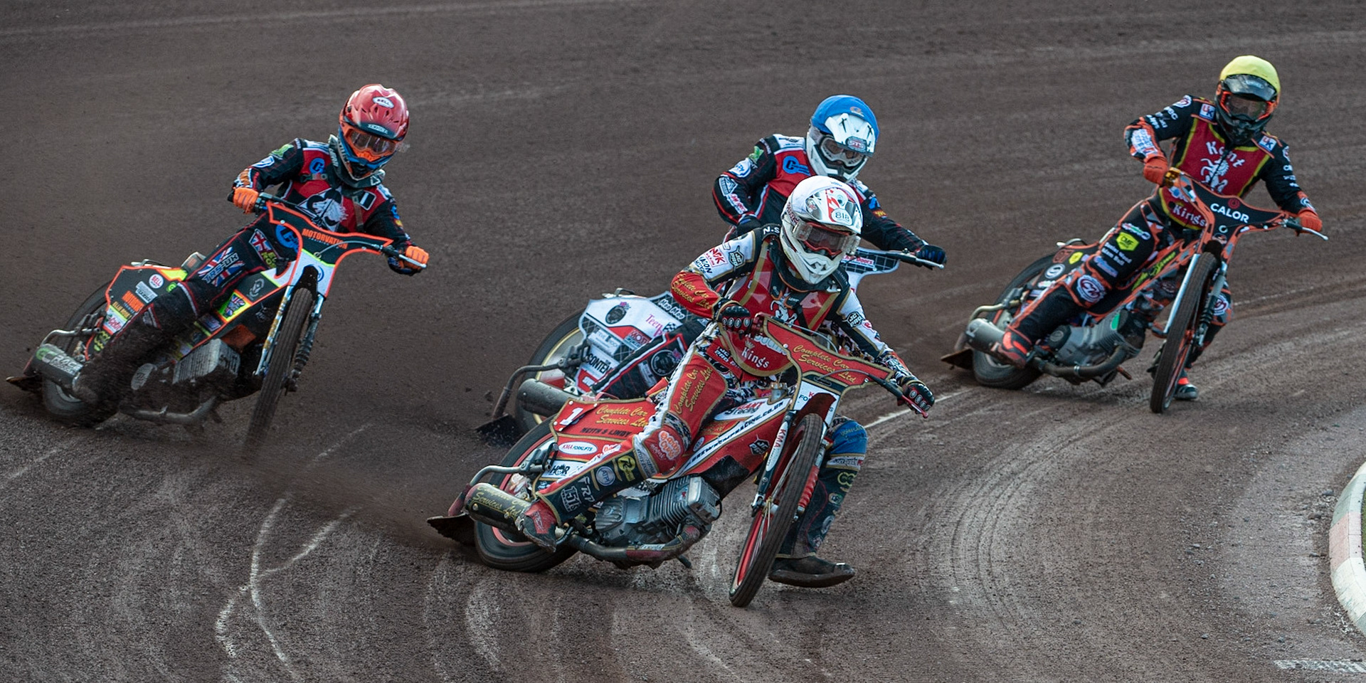 Photo: Ian Charles

Drew Kemp  (White) leads Jordan Palin  (Red) Danny Phillips  (Blue) and Alex Spooner  (Yellow)

Belle Vue Colts v Kent Kings, SGB National League KO Cup Quarter Final 1st Leg, Belle Vue National Speedway Stadium, Manchester, Thursday 20  June  2019