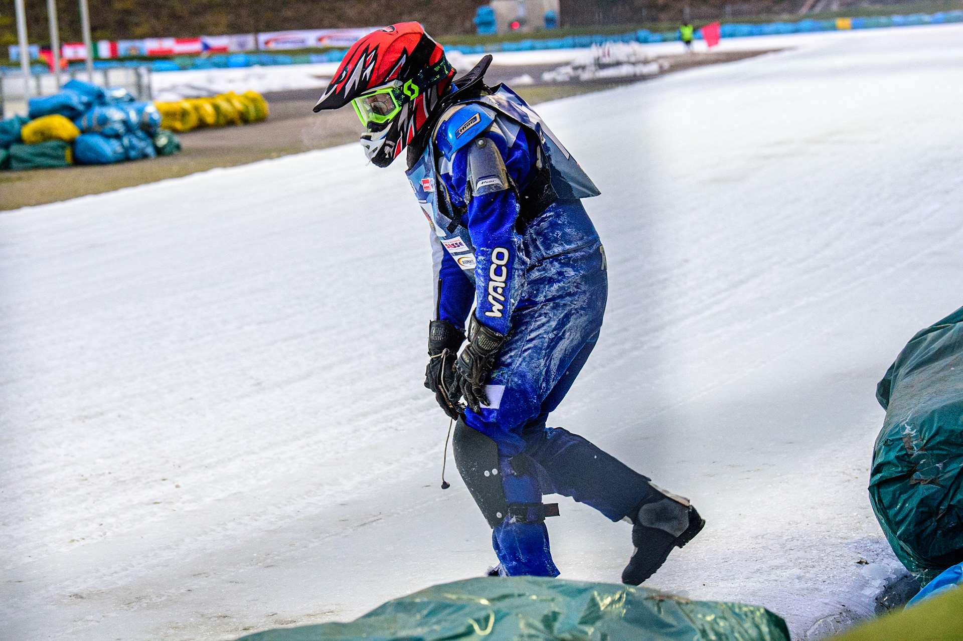 Reinhard Greisel after his fall in heat 5 during the German Individual Ice Speedway Championship at Horst-Dohm-Eisstadion, Berlin on Friday 3rd March 2023. (Photo: Ian Charles | MI News)