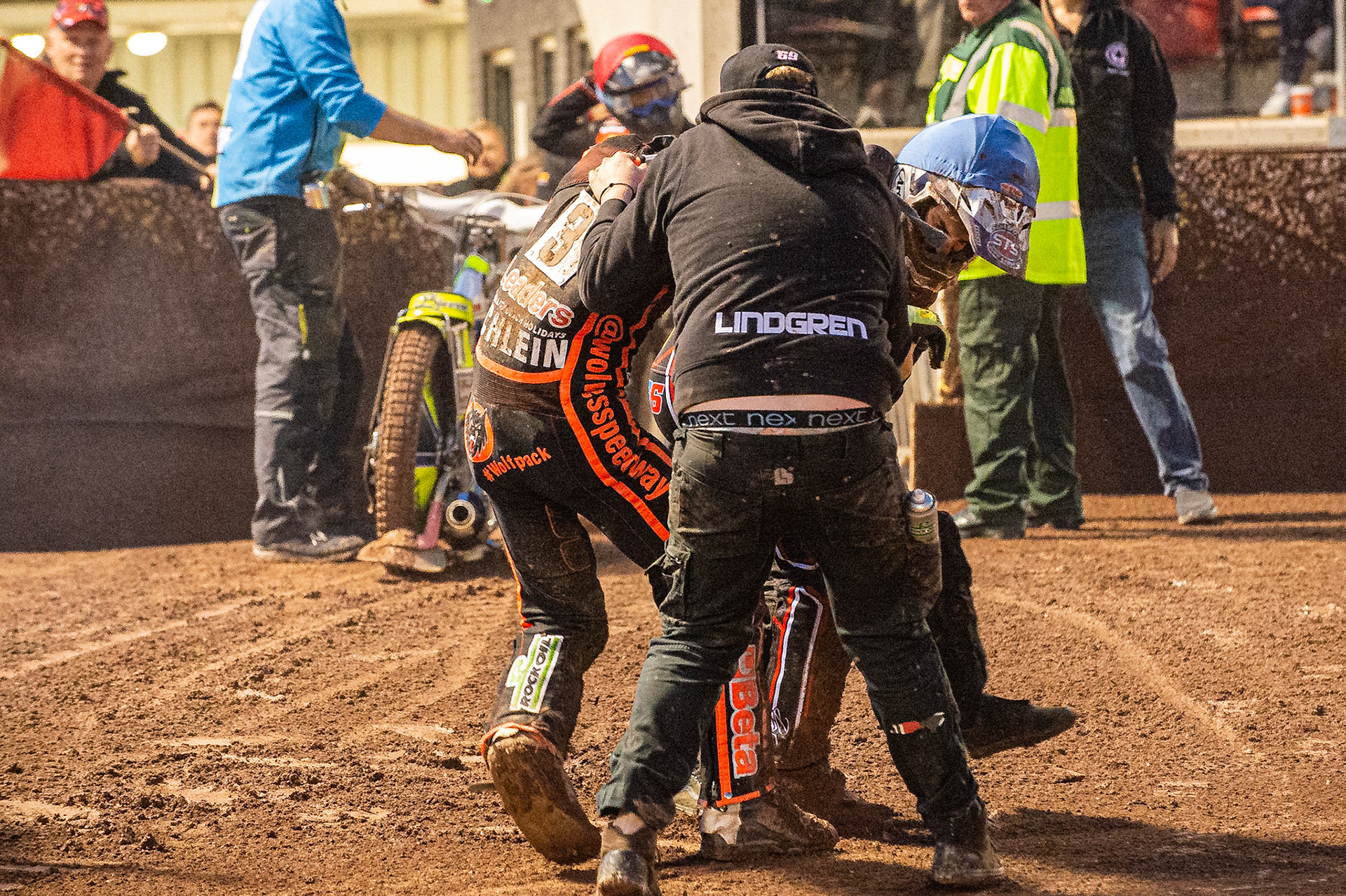 Photo by Ian Charles:

A scuffle breaks out between Rory Schlein  and Steve Worrall  after heat 10 

Belle Vue Aces v Wolverhampton Wolves, SGB Premiership, National Speedway Stadium, Manchester, Monday, 19, August, 2019