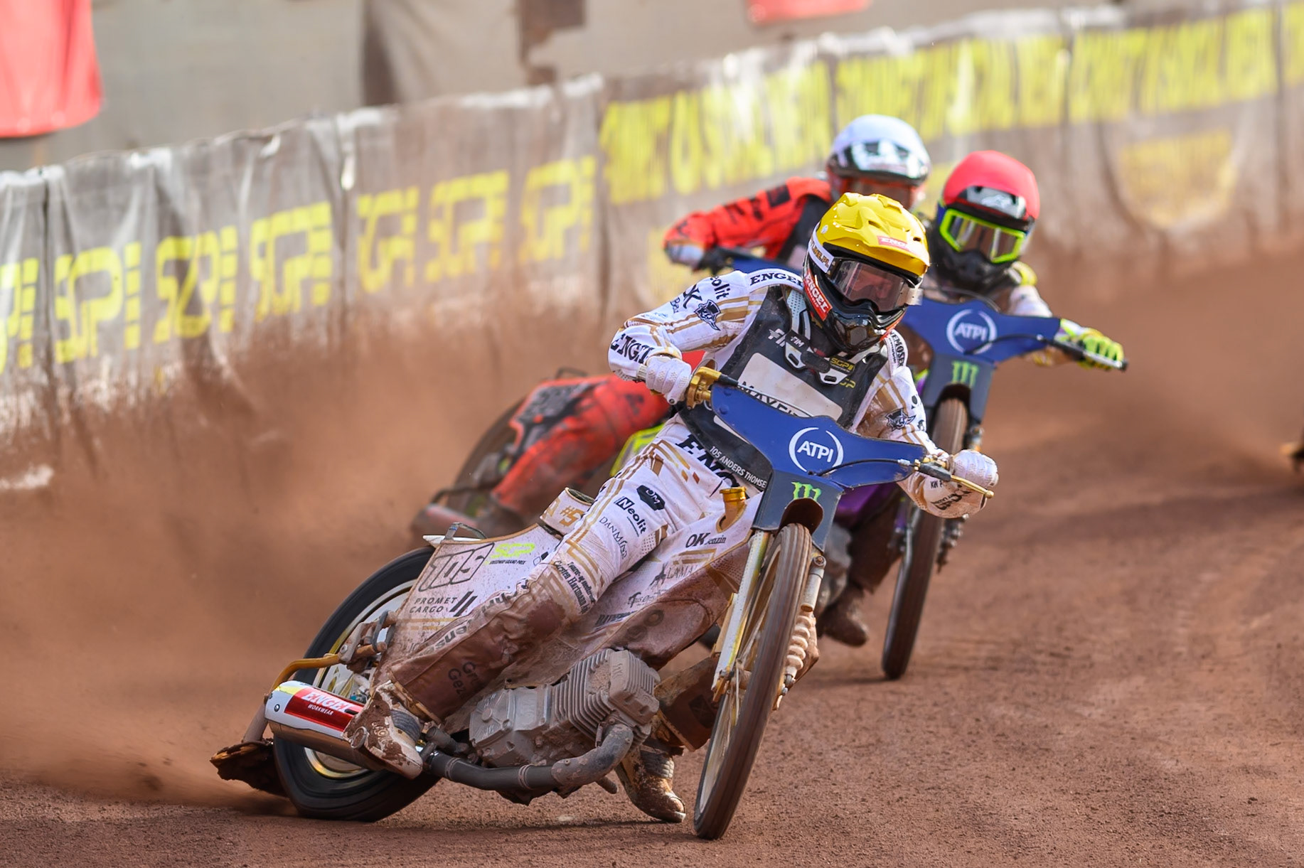 Anders Thomsen (105) of Denmark in Yellow leading Wild Card Tom Brennan (16) of Great Britain in Red and Jan Kvech (201) of Czech Republic in White during the ATPI  FIM Speedway GP of Manchester at the National Speedway Stadium, Manchester on Friday 5th June 2026. (Photo: Ian Charles | MI News)