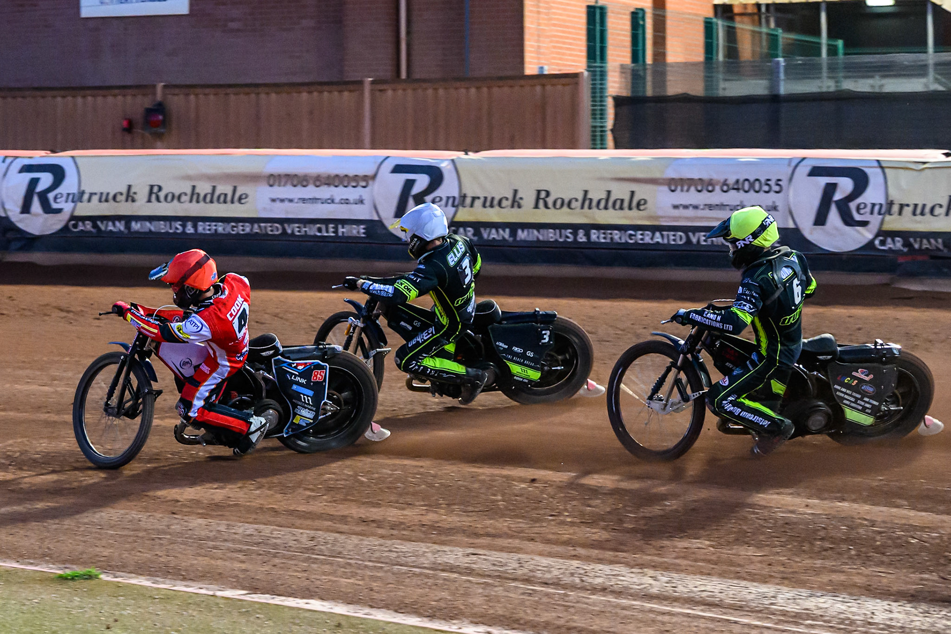 Zach Cook of Belle Vue Aces  in Red rides inside Adam Ellis of Ipswich Witches  in White and Dan Thompson of Ipswich Witches  in Yellow during the Rowe Motor Oil Premiership match between Belle Vue Aces and Ipswich Witches at the National Speedway Stadium, Manchester on Monday 4th August 2025. (Photo: Ian Charles | MI News)
