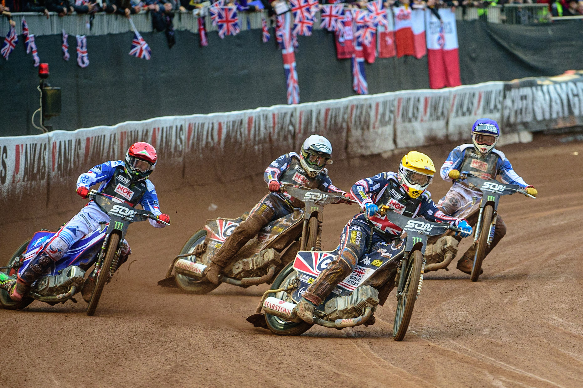 MANCHESTER, UK. OCT 17TH Robert Lambert of Great Britain (Yellow) leads David Bellego of France (Red), Dan Bewley of Great Britain (White) and Dmitri Berge of France (Blue) during the Monster Energy FIM Speedway of Nations at the National Speedway Stadium, Manchester on Sunday  17th October 2021. (Credit: Ian Charles | MI News)