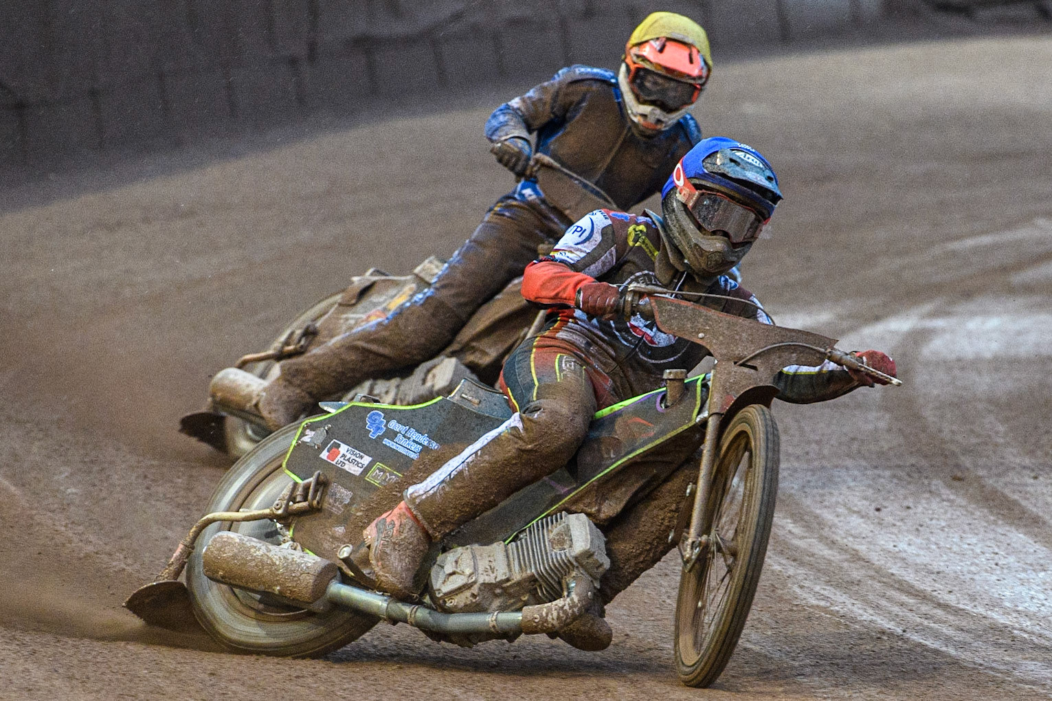 Tom Brennan (Blue) leads Jason Edwards (Yellow) during the Sports Insure Premiership match between Belle Vue Aces and King's Lynn Stars at the National Speedway Stadium, Manchester on Monday 12th June 2023. (Photo: Ian Charles | MI News)