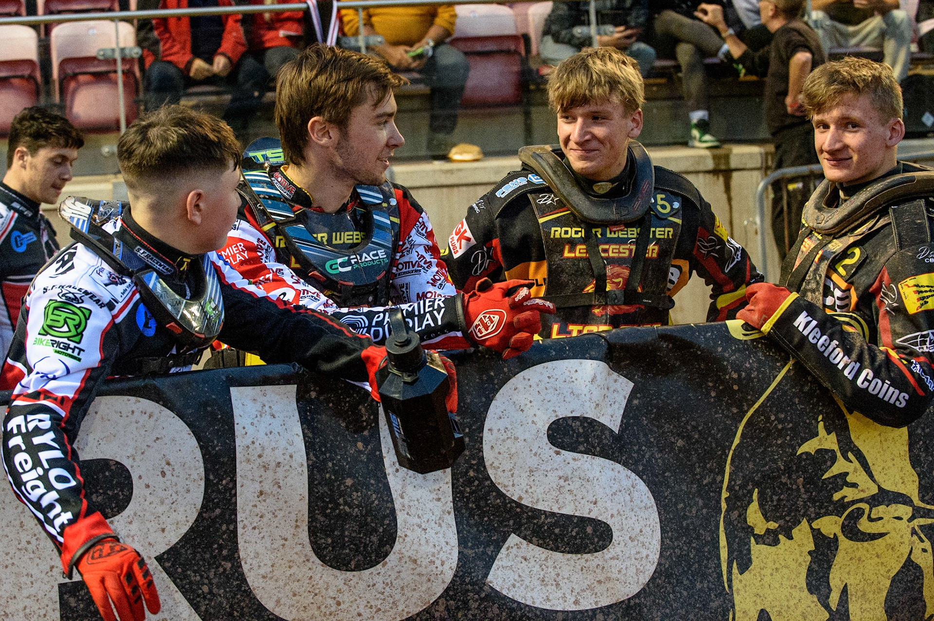 MANCHESTER, UK. JULY 29TH (\l-r) Sam McGurk, Tom Spencer , Joe Thompson  and Dan Thompson share a joke   during the National Development League match between Belle Vue Colts and Leicester Lion Cubs at the National Speedway Stadium, Manchester on Thursday 29th July 2021. (Credit: Ian Charles | MI News)