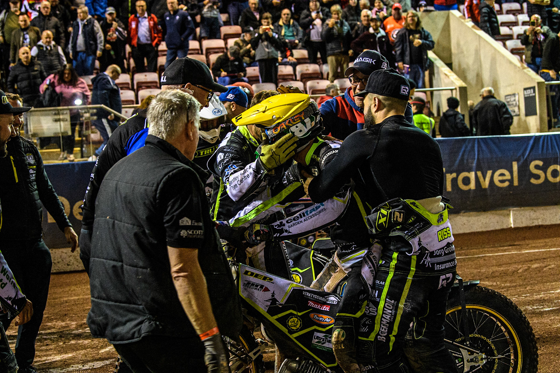 Ipswich riders celebrate their aggregate victory during the Sports Insure Premiership Semi Final Playoff 2nd leg match between Belle Vue Aces and Ipswich Witches at the National Speedway Stadium, Manchester on Monday 25th September 2023. (Photo: Ian Charles | MI News)