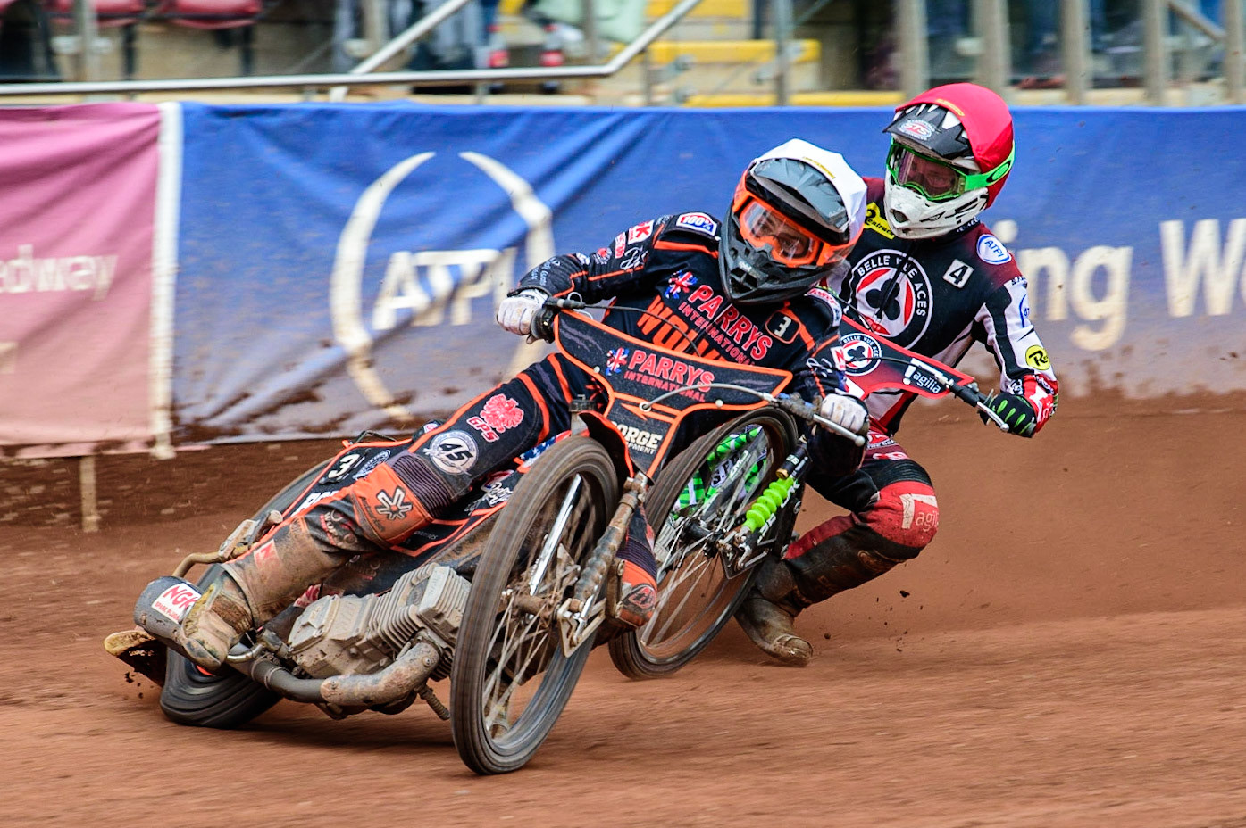 Luke Becker  (White) leads Charles Wright  (Blue) during the SGB Premiership match between Belle Vue Aces and Wolverhampton Wolves at the National Speedway Stadium, Manchester on Monday 29th August 2022. (Credit: Ian Charles | MI News)