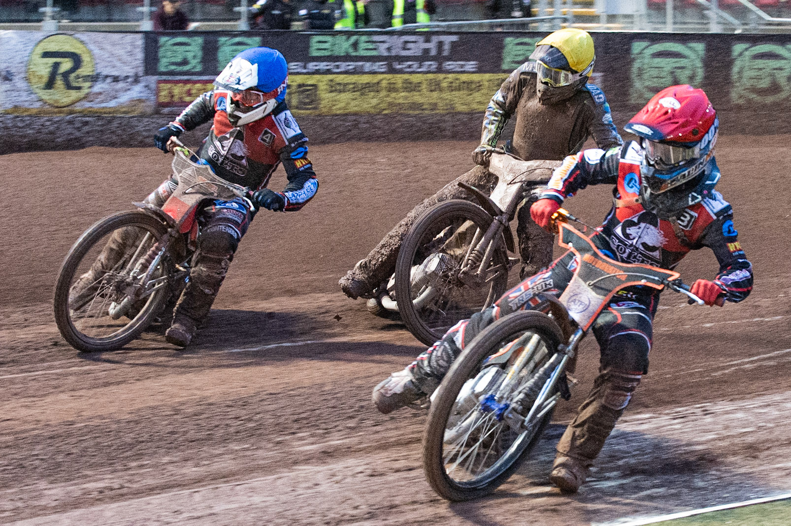 Photo: Ian Charles

Jordan Palin  (Red) and Danny Phillips  (Blue) lead Matt Marson  (Yellow)

Belle Vue Colts v Mildenhall Fen Tigers, National League, Belle Vue National Speedway Stadium, Manchester, Monday 2  September  2019