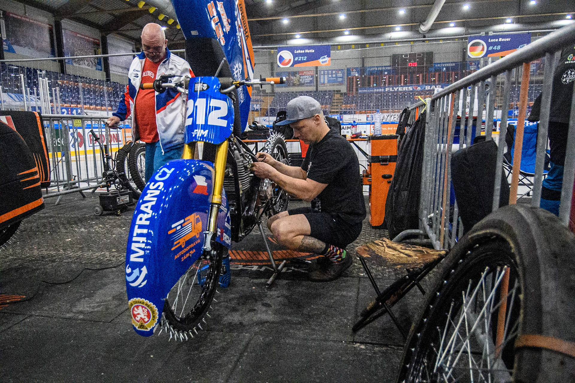 Lukas Hutla (212) of the Czech Republic works on his bike prior to  the FIM Ice Speedway Gladiators World Championship, Final 3 at the Ice Stadium, Thialf, Heerenveen on Saturday 5th April 2025. (Photo: Ian Charles | MI News)