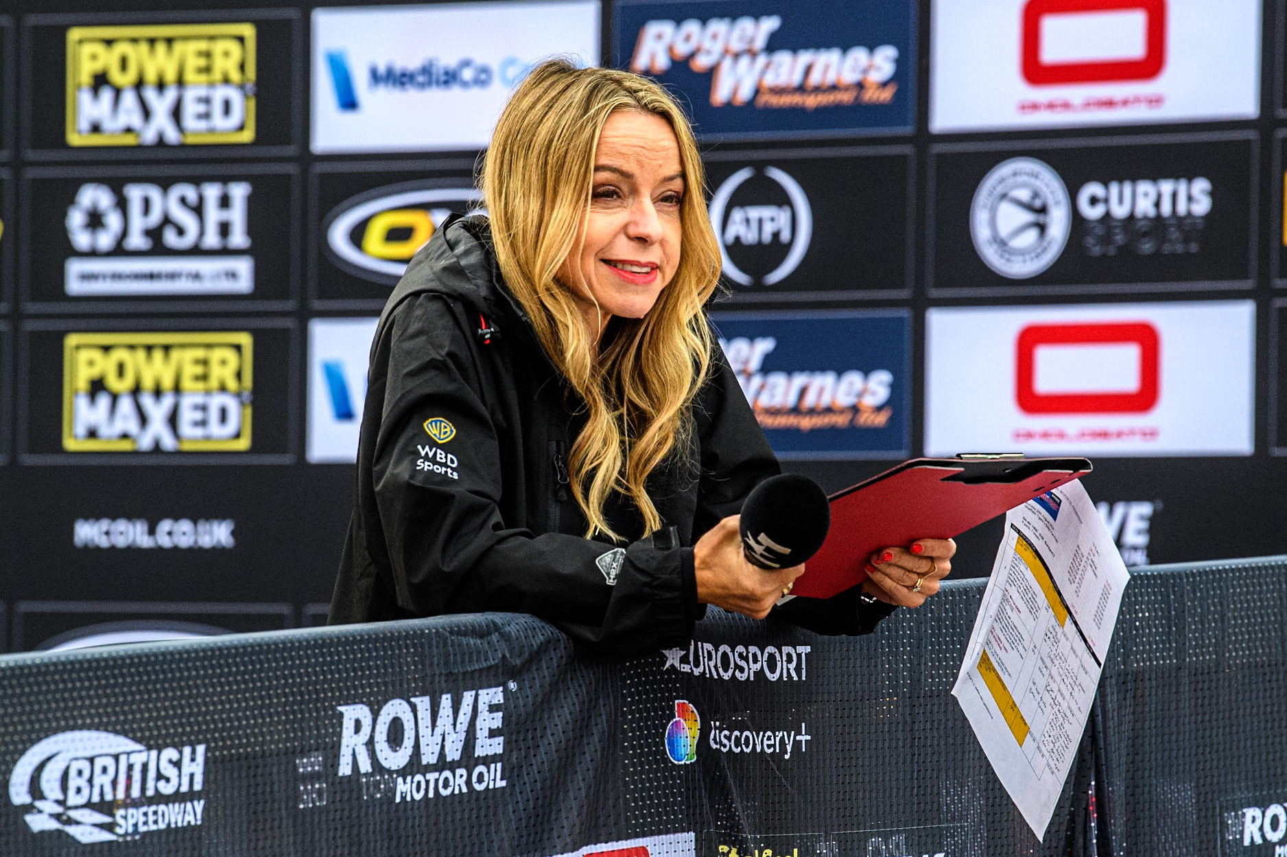 Eurosport presenter Abi Stephens during the Rowe Motor Oil Premiership match between Sheffield Tigers and Belle Vue Aces at Owlerton Stadium, Sheffield on Monday 26th August 2024. (Photo: Ian Charles | MI News)