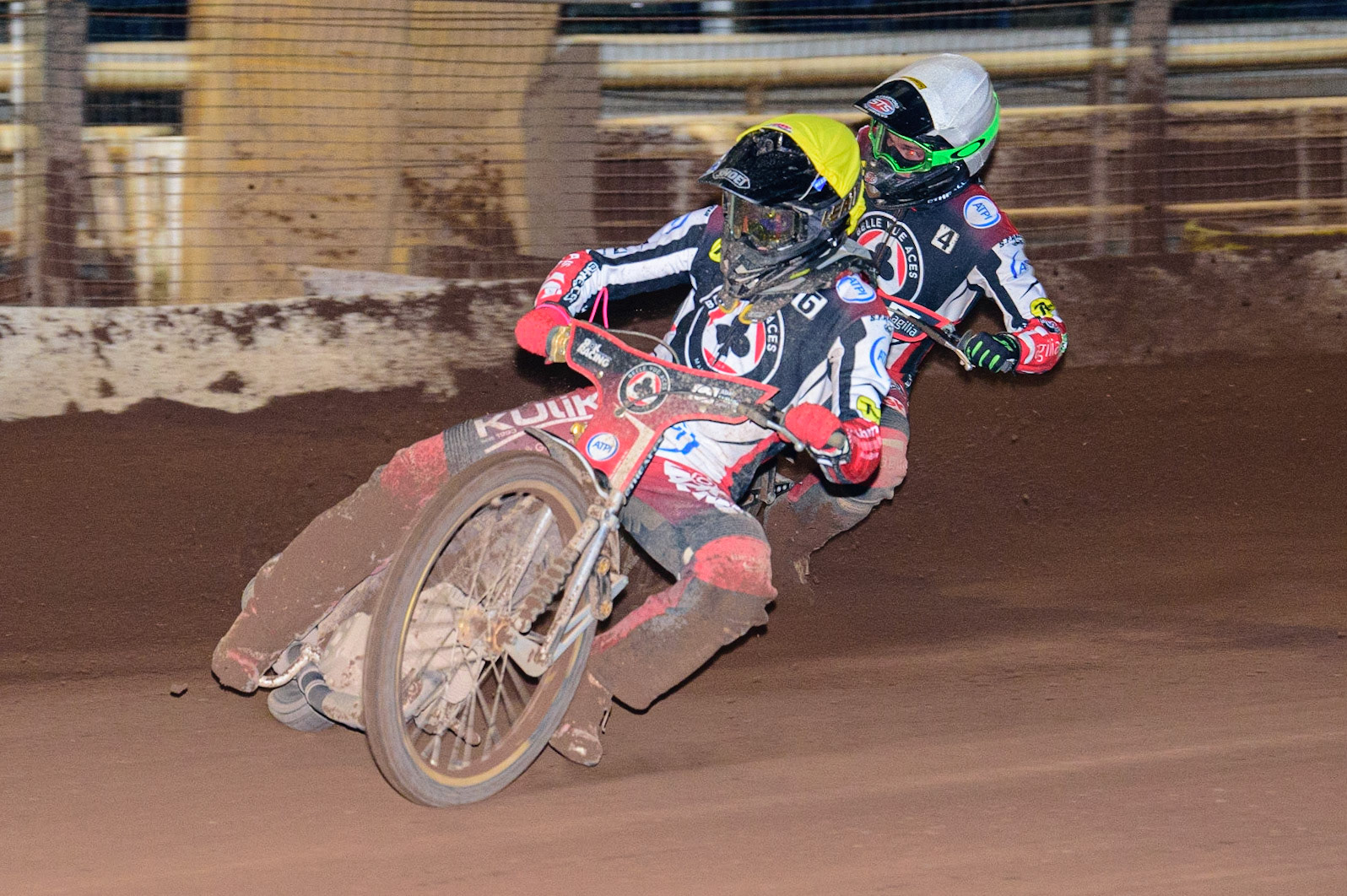 SHEFFIELD, UK. APR 14TH   Norick Blödorn  (Yellow) leads team mate Charles Wright  (White) during the SGB Premiership League Cup match between Sheffield Tigers and Belle Vue Aces at Owlerton Stadium, Sheffield on Thursday 14th April 2022. (Credit: Ian Charles | MI News)