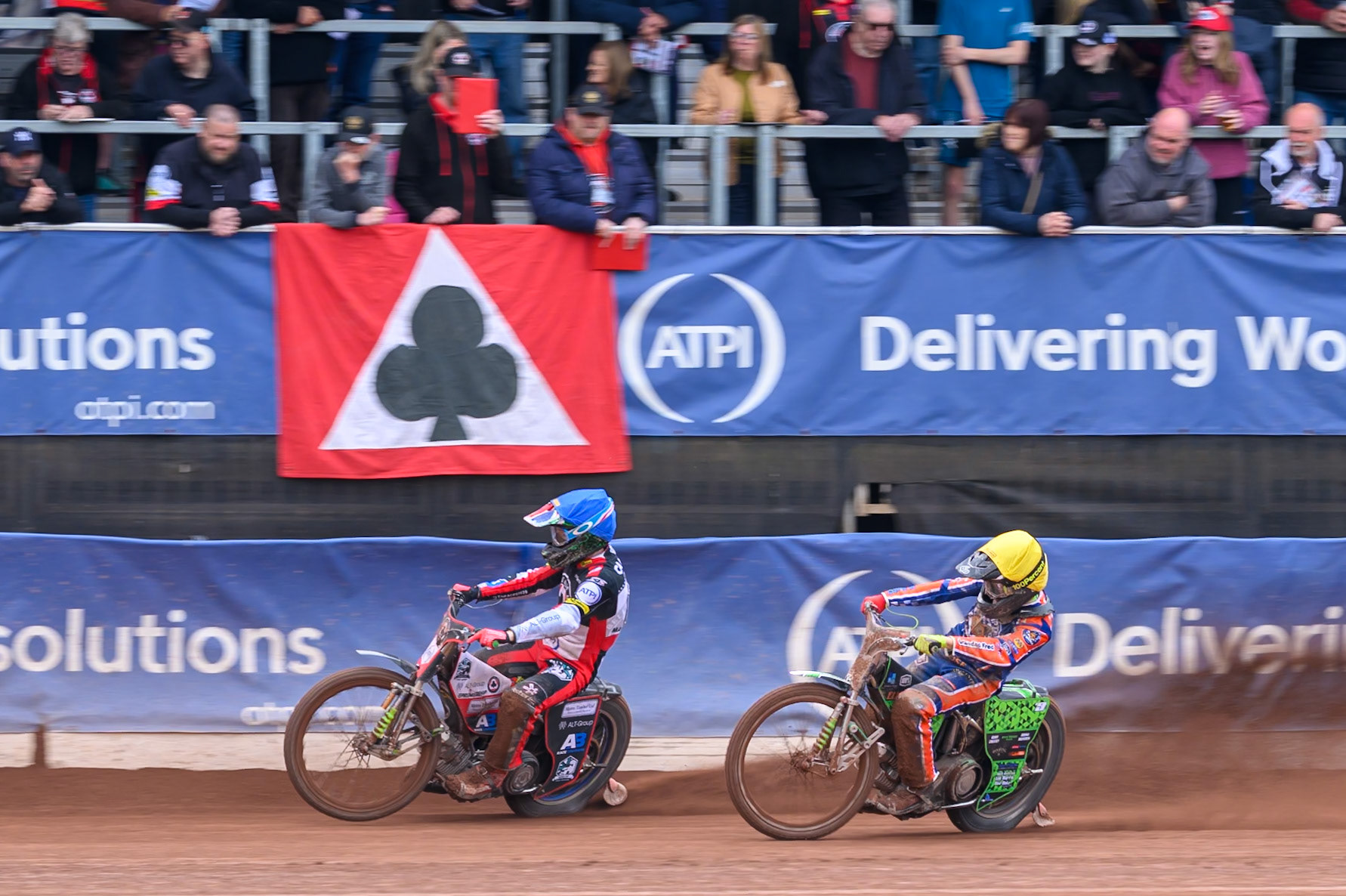 Will Cairns of Belle Vue Aces  in Blue passes Luke Harrison of Northampton Foxes  in Yellow during the Rowe Motor Oil Premiership match between Belle Vue Aces and Northampton Foxes at the National Speedway Stadium, Manchester on Monday 4th May 2026. (Photo: Ian Charles | MI News)