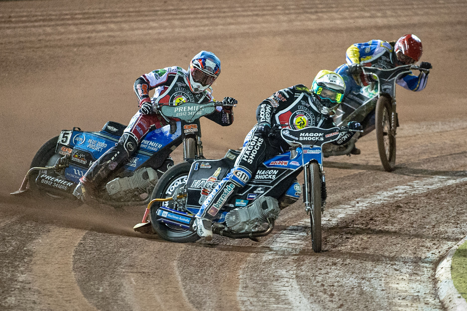 Photo: Ian CharlesJason Doyle (Yellow) leads Steve Worrall (Blue) and Richard Lawson (Red) Peter Craven Memorial Trophy, National Speedway Stadium, Manchester Thursday  22  October  2020