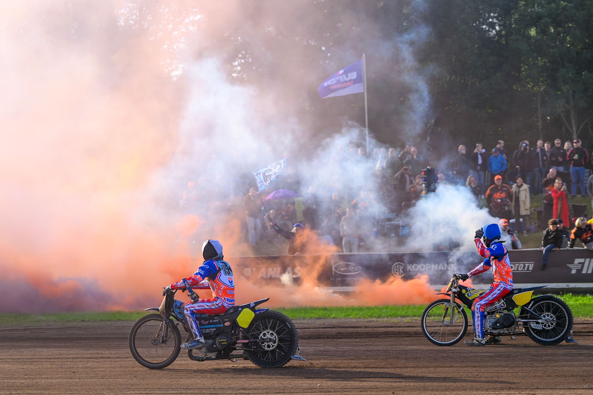 Netherlands riders pass the fans celebration on their win during the FIM Long Track of Nations 2026 at the Speed Centre Roden in the Netherlands on Sunday 20th September 2026. (Photo: Ian Charles | MI News)