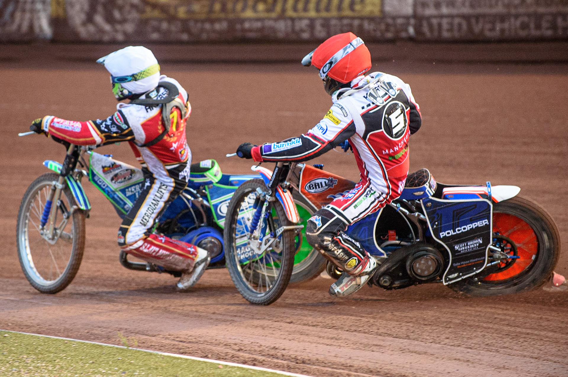 MANCHESTER, UK. AUG 9TH  Hans Andersen  (White) leads Brady Kurtz  (Red)during the SGB Premiership match between Belle Vue Aces and Peterborough at the National Speedway Stadium, Manchester on Monday 9th August 2021. (Credit: Ian Charles | MI News)