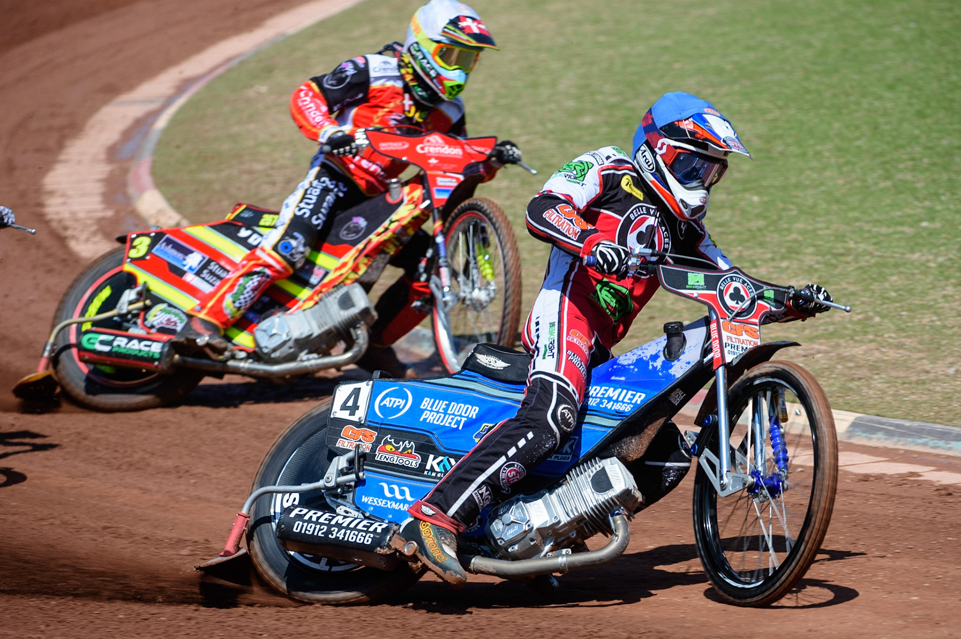 MANCHESTER, UK. MAY 31ST  Steve Worrall  (Blue) leads Michael Palm Toft  (White) during the SGB Premiership match between Belle Vue Aces and Peterborough at the National Speedway Stadium, Manchester on Monday 31st May 2021. (Credit: Ian Charles | MI News)
