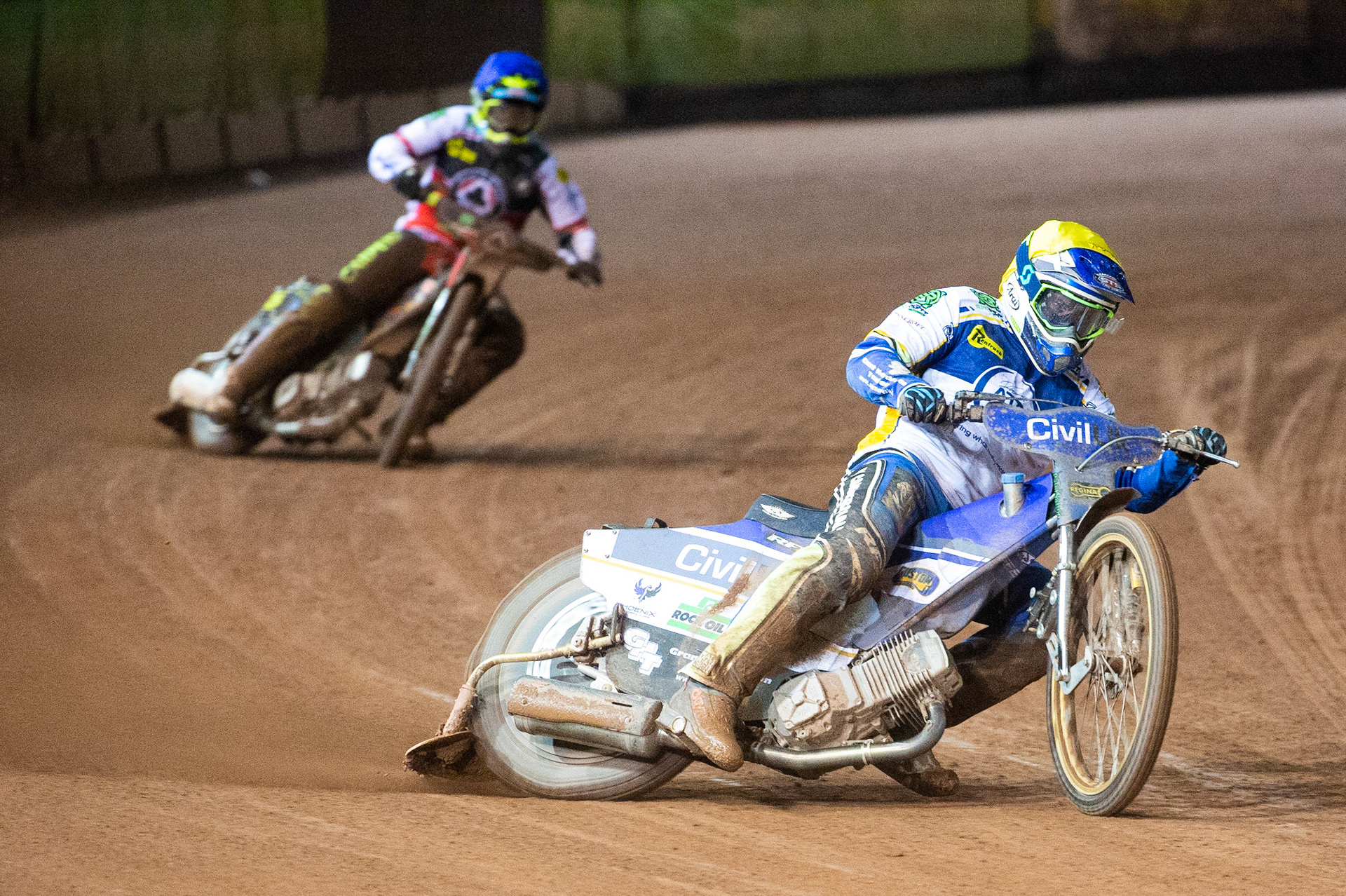 Photo: Ian CharlesRichie Worrall of the 'ATPI' All Stars  (Yellow) leads Kyle Bickley of Belle Vue 'BikeRight' Aces (Blue)Belle Vue ‘Bikerite ’Aces v ‘ATPI’ All Stars, Premiership Challenge, National Speedway Stadium, Manchester Thursday  24  September  2020
