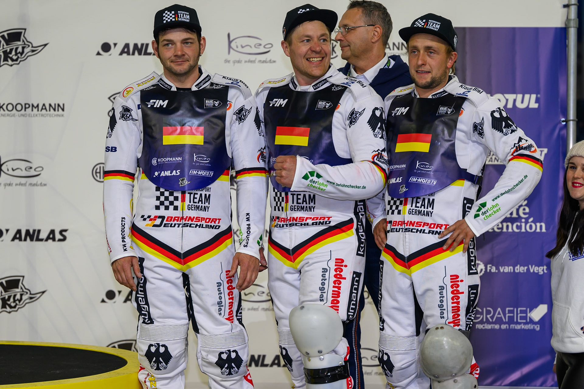 Germany: Bronze Medal - (L to R) Max Niedermaier, Christoph Kirchner, Bernd Sagert, Team Manager and Maximillian Niedermaier (19) during the FIM Ice Speedway Of Nations at Ice Rink Thialf, Heerenveen on Sunday 12th April 2026. (Photo: Ian Charles | MI News)