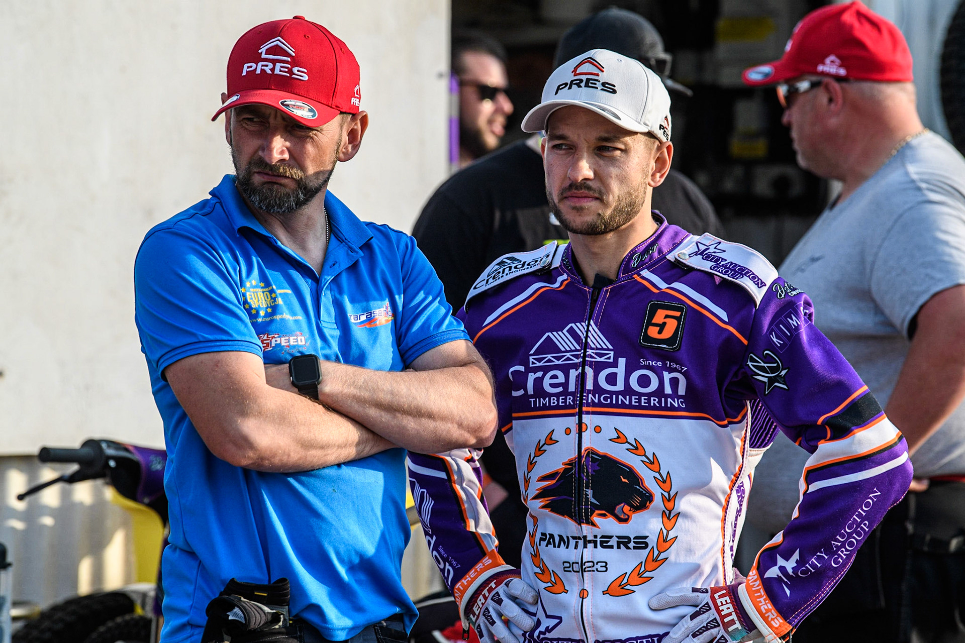 Vadim Tarasenko (right) with his mechanic during the Sports Insure Premiership match between Peterborough and Belle Vue Aces at East of England Showground, Peterborough on Monday 26th June 2023.  (Photo: Ian Charles | MI News)
