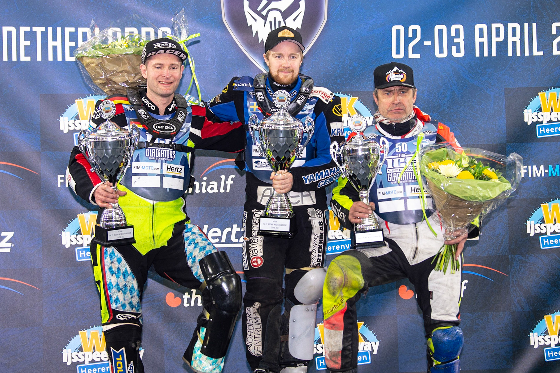 HEERENVEEN, NL. Final 3 Top 3: (l-r) Johann Weber (33)  (2nd), Martin Hååruhiltunen (199)  (Winner) Harald Simon (50) (3rd) during the FIM Ice Speedway Gladiators World Championship Final 3 at Ice Rink Thialf, Heerenveen on Saturday  2 April 2022. (Credit: Ian Charles | MI News)