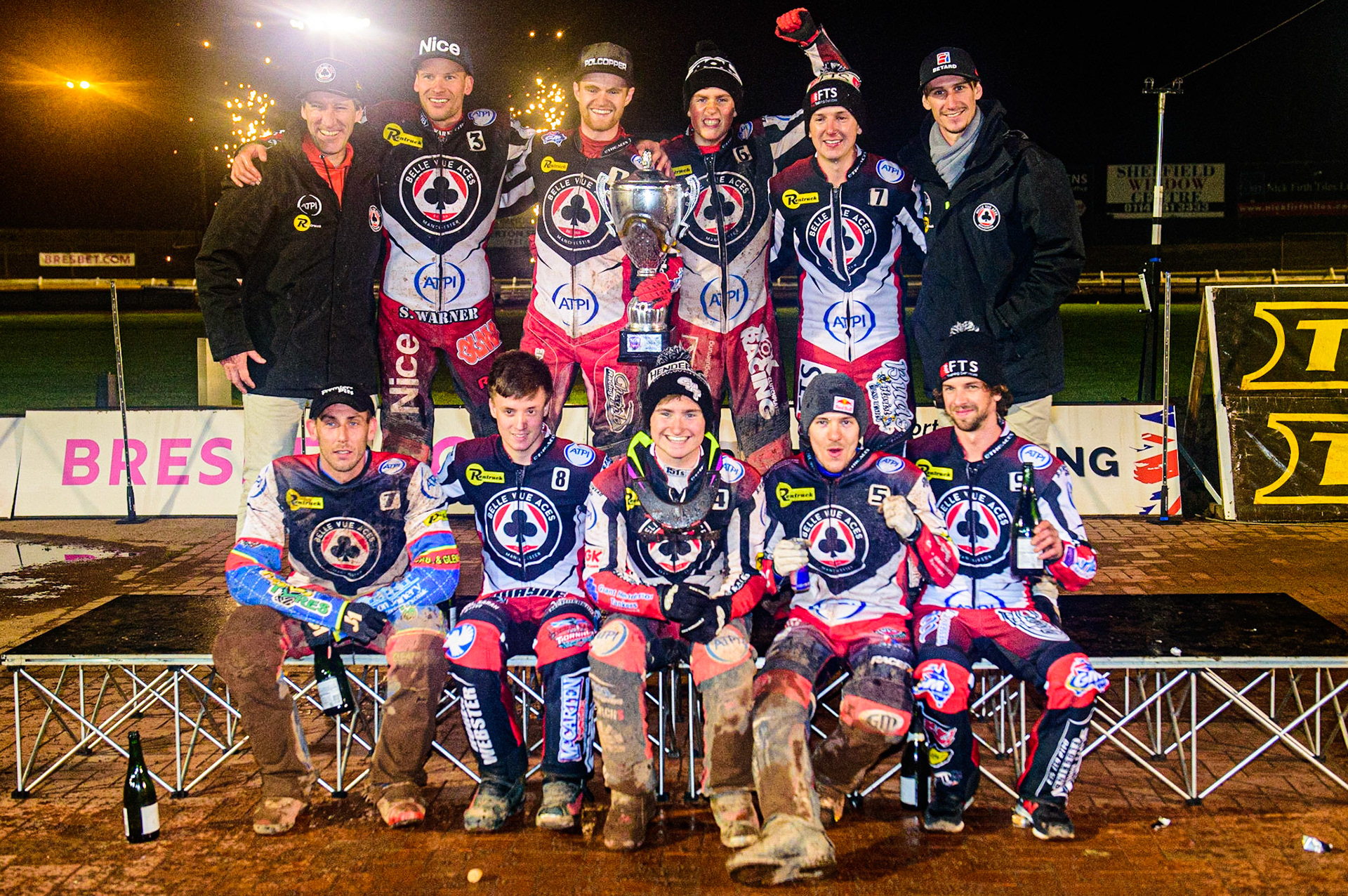 The Belle Vue ATPI Aces celebrate as Premiership Champions 2022 during the SGB Premiership Grand Final 2nd Leg between Sheffield Tigers and Belle Vue Aces at Owlerton Stadium, Sheffield on Thursday 13th October 2022. (Credit: Ian Charles | MI News)