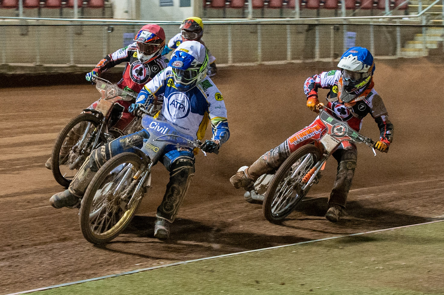 Photo: Ian CharlesRichie Worrall of the 'ATPI' All Stars  (White) leads Steve Worrall of Belle Vue 'BikeRight' Aces  (Red) and Jordan Palin of Belle Vue 'BikeRight' Aces (Blue) with Josh MacDonald of the 'ATPI' All Stars (Yellow) at the backBelle Vue ‘Bikerite ’Aces v ‘ATPI’ All Stars, Premiership Challenge, National Speedway Stadium, Manchester Thursday  24  September  2020