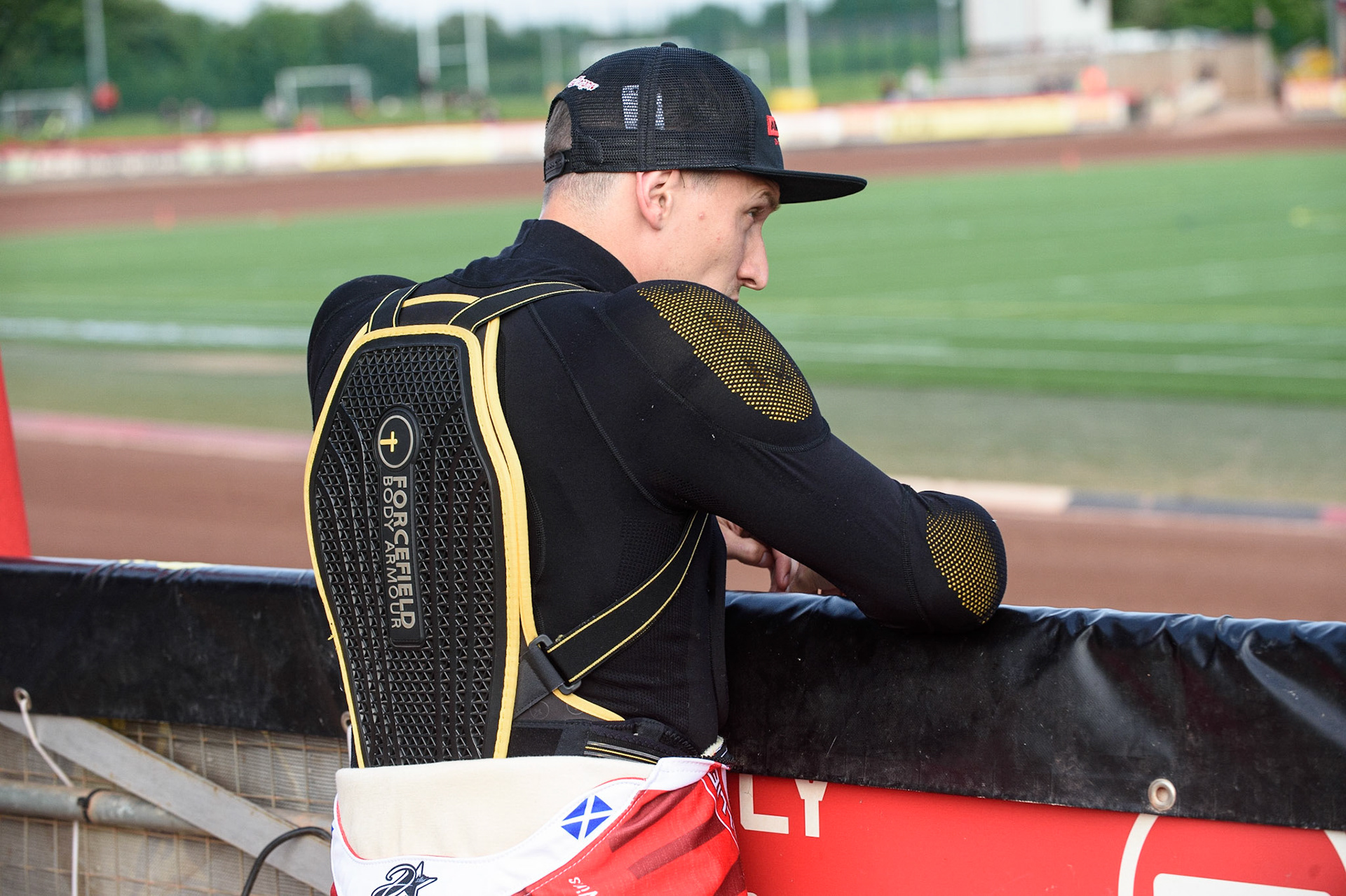MANCHESTER, UK. JUNE 7TH   Ipswich TruPlant Witches  guest rider Craig Cook  has a look at the track during the SGB Premiership match between Belle Vue Aces and Ipswich Witches at the National Speedway Stadium, Manchester on Monday 7th June 2021. (Credit: Ian Charles | MI News)