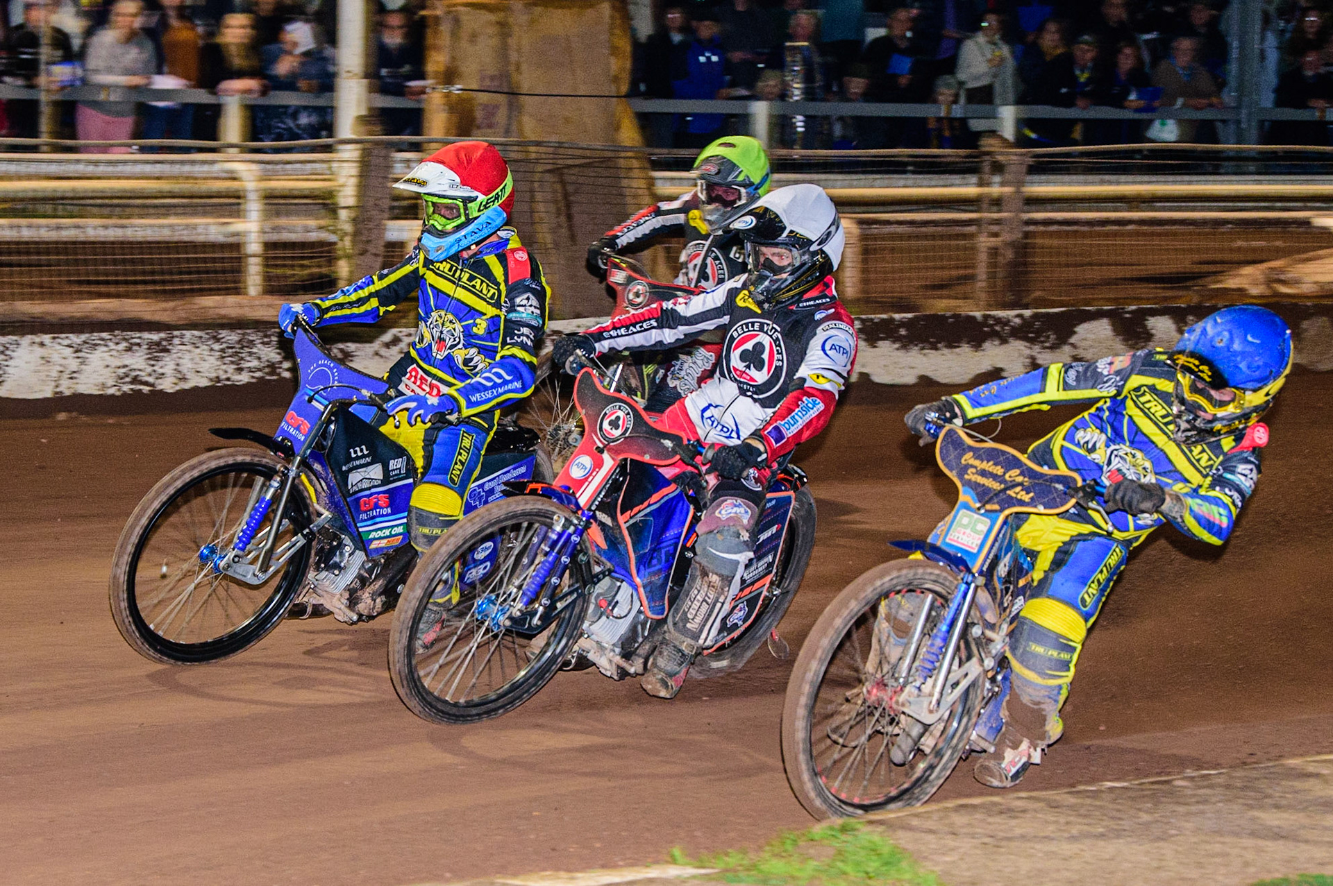 Brady Kurtz  (White) splits Kyle Howarth  (Blue) and Adam Ellis  (Red) with Jye Etheridge (Yellow) during the SGB Premiership match between Sheffield Tigers and Belle Vue Aces at Owlerton Stadium, Sheffield on Thursday 22nd September 2022. (Credit: Ian Charles | MI News)