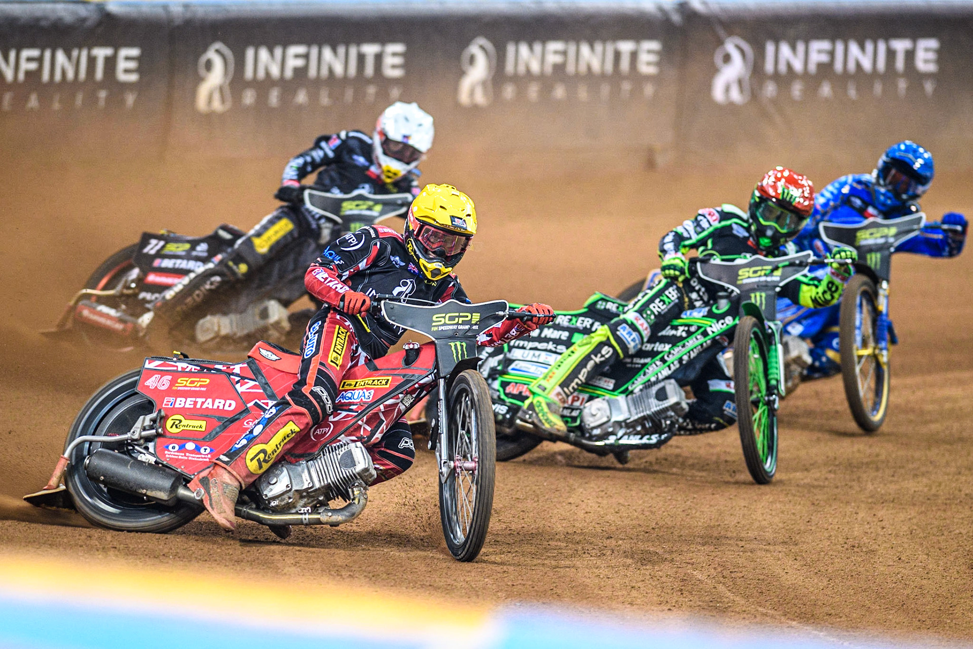 Max Fricke (46) (Yellow) leads  Maciej Janowski (71) (White) Patryk Dudek (692) (Red) and Jason Doyle (69) (Blue) during the FIM Speedway Grand Prix of Great Britain at the Principality Stadium, Cardiff on Saturday 2nd September 2023. (Photo: Ian Charles | MI News)