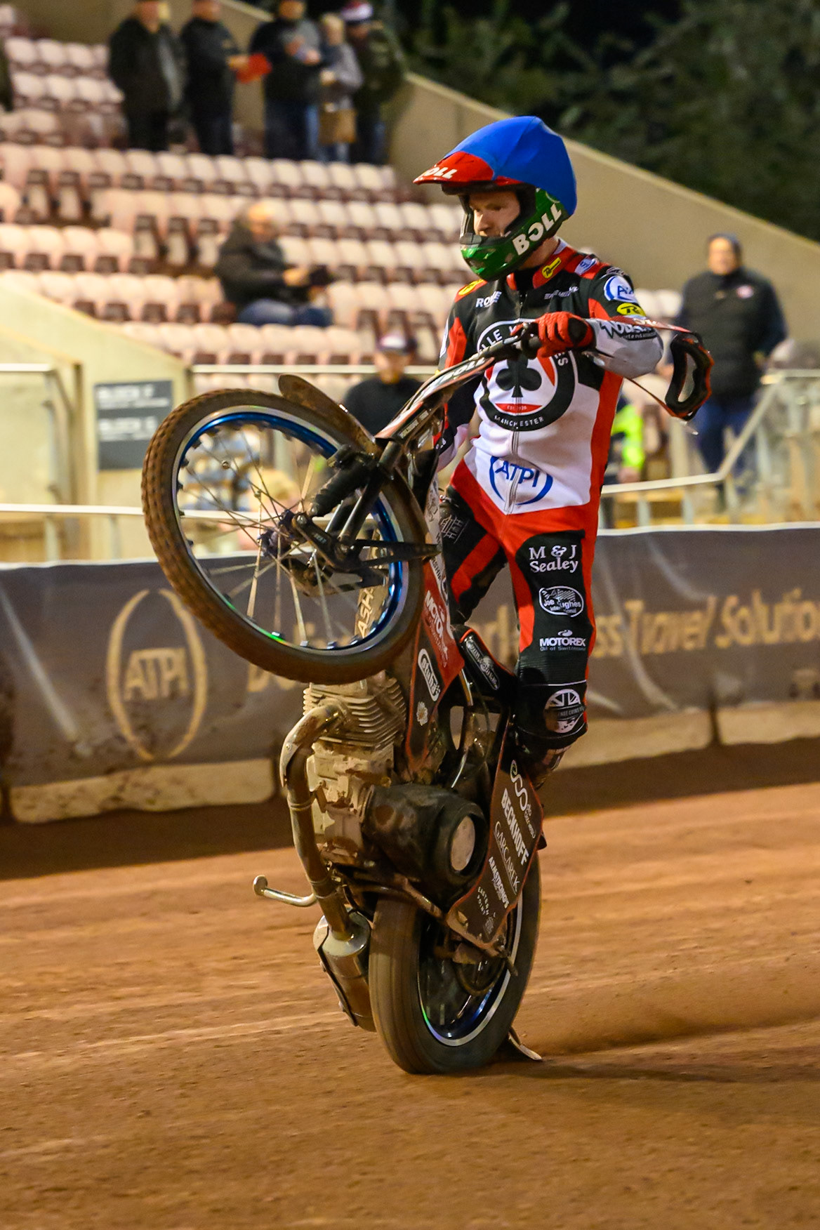 Brady Kurtz of Belle Vue Aces  does a wheelie during the Rowe Motor Oil Premiership match between Belle Vue Aces and Ipswich Witches at the National Speedway Stadium, Manchester on Monday 20th April 2026. (Photo: Ian Charles | MI News)
