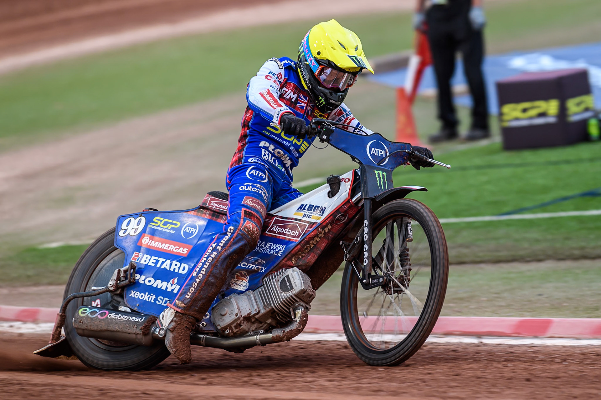 Dan Bewley (99) of Great Britain in action during the ATPI FIM Speedway Grand Prix Round 4 at the National Speedway Stadium, Manchester, on Friday 13th June 2025. (Photo: Ian Charles | MI News)