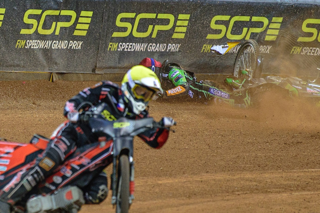 Jan Kvech (Czech Republic)  (White) brings down Benjamin Basso (Denmark)  (Red) during the FIM  Speedway Grand Prix  2 of Great Britain at the Principality Stadium, Cardiff on Sunday 14th August 2022. (Credit: Ian Charles | MI News)