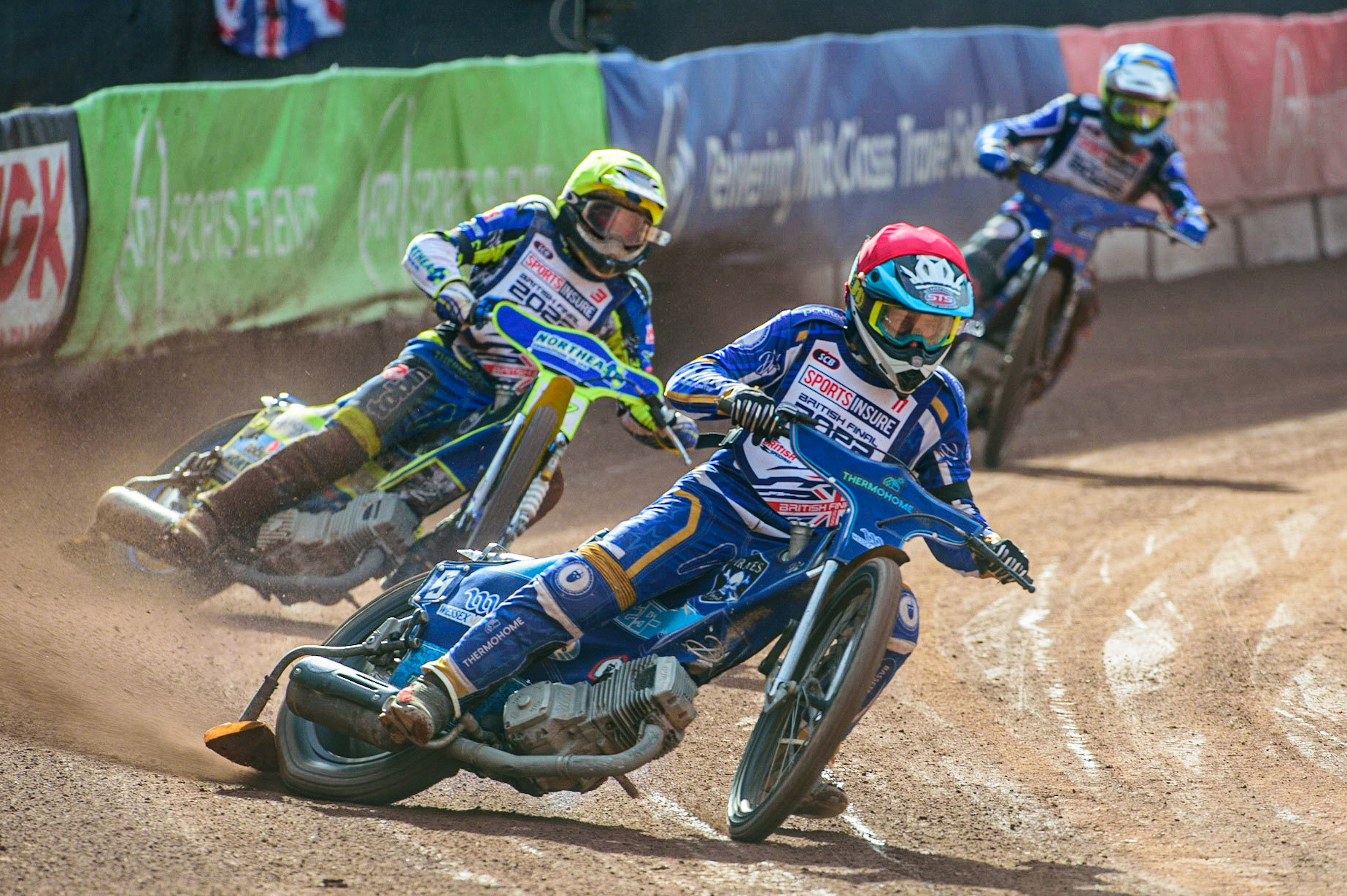 Richard Lawson  (Red) leads Chris Harris  (Yellow) and  Adam Ellis  (Blue) during the Sports Insure British Speedway Final, at the National Speedway Stadium, Manchester, on Sunday 18th September 2022. (Credit: Ian Charles | MI News )
