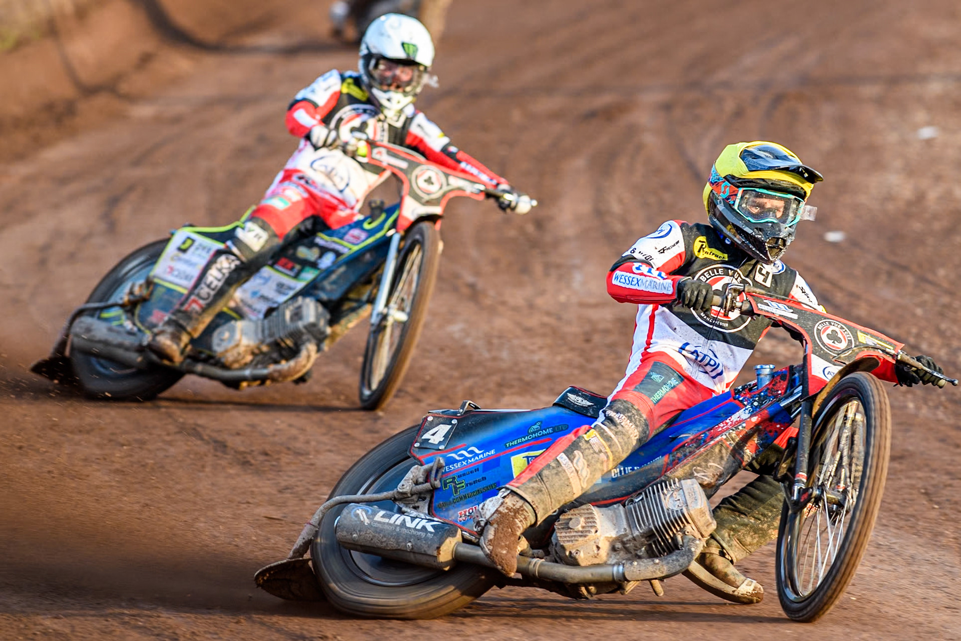 Belle Vue Aces' Ben Cook in Yellow leading team mate Belle Vue Aces' Jaimon Lidsey  in White during the Premiership KO Cup Quarter Final, 2nd Leg match between Sheffield Tigers and Belle Vue Aces at Owlerton Stadium, Sheffield on Thursday 9th May 2024. (Photo: Ian Charles | MI News)