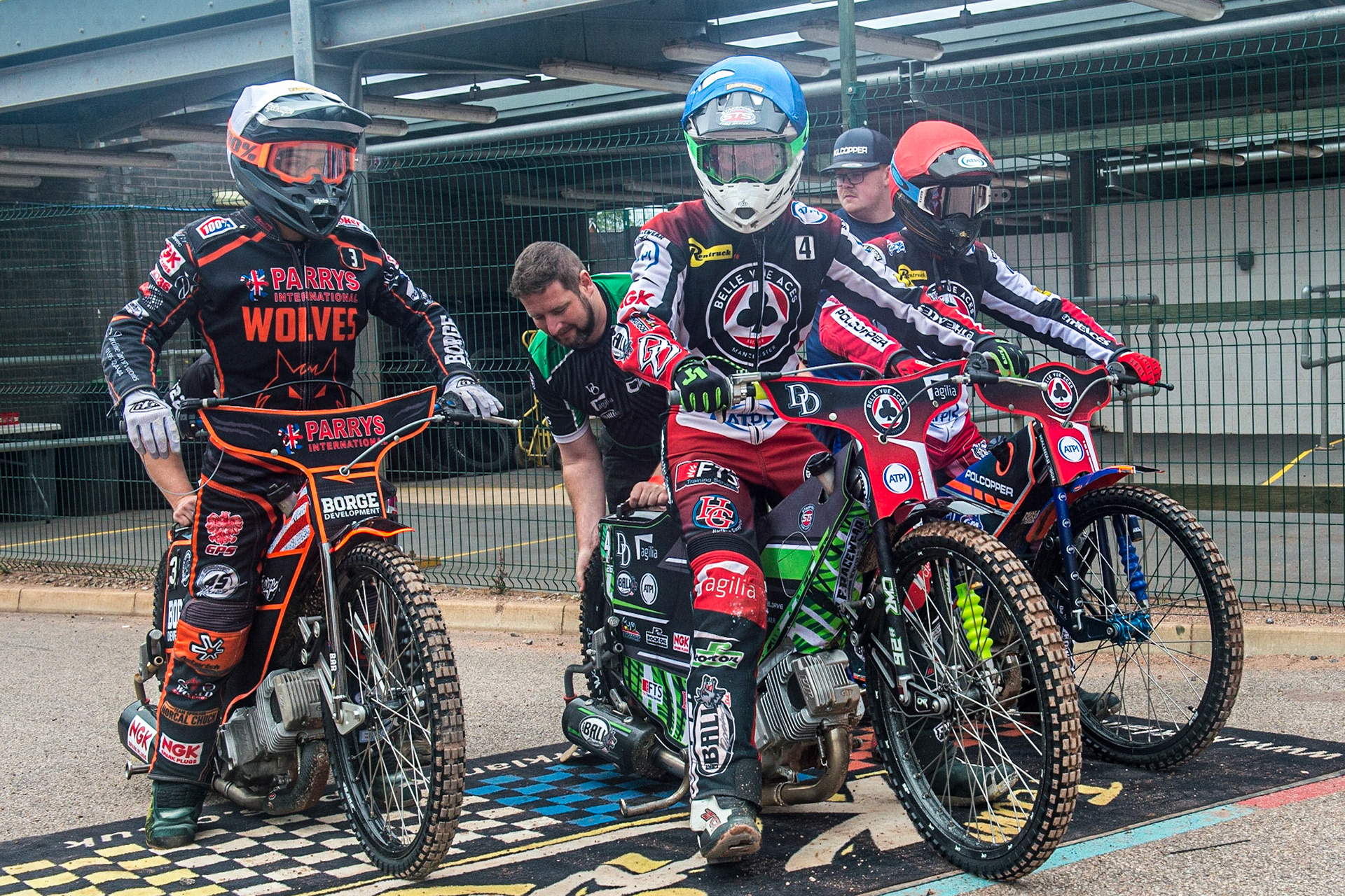 (l - r) Luke Becker  , Charles Wright  and Brady Kurtz  wait to go out for Heat 3 during the SGB Premiership match between Belle Vue Aces and Wolverhampton Wolves at the National Speedway Stadium, Manchester on Monday 29th August 2022. (Credit: Ian Charles | MI News)