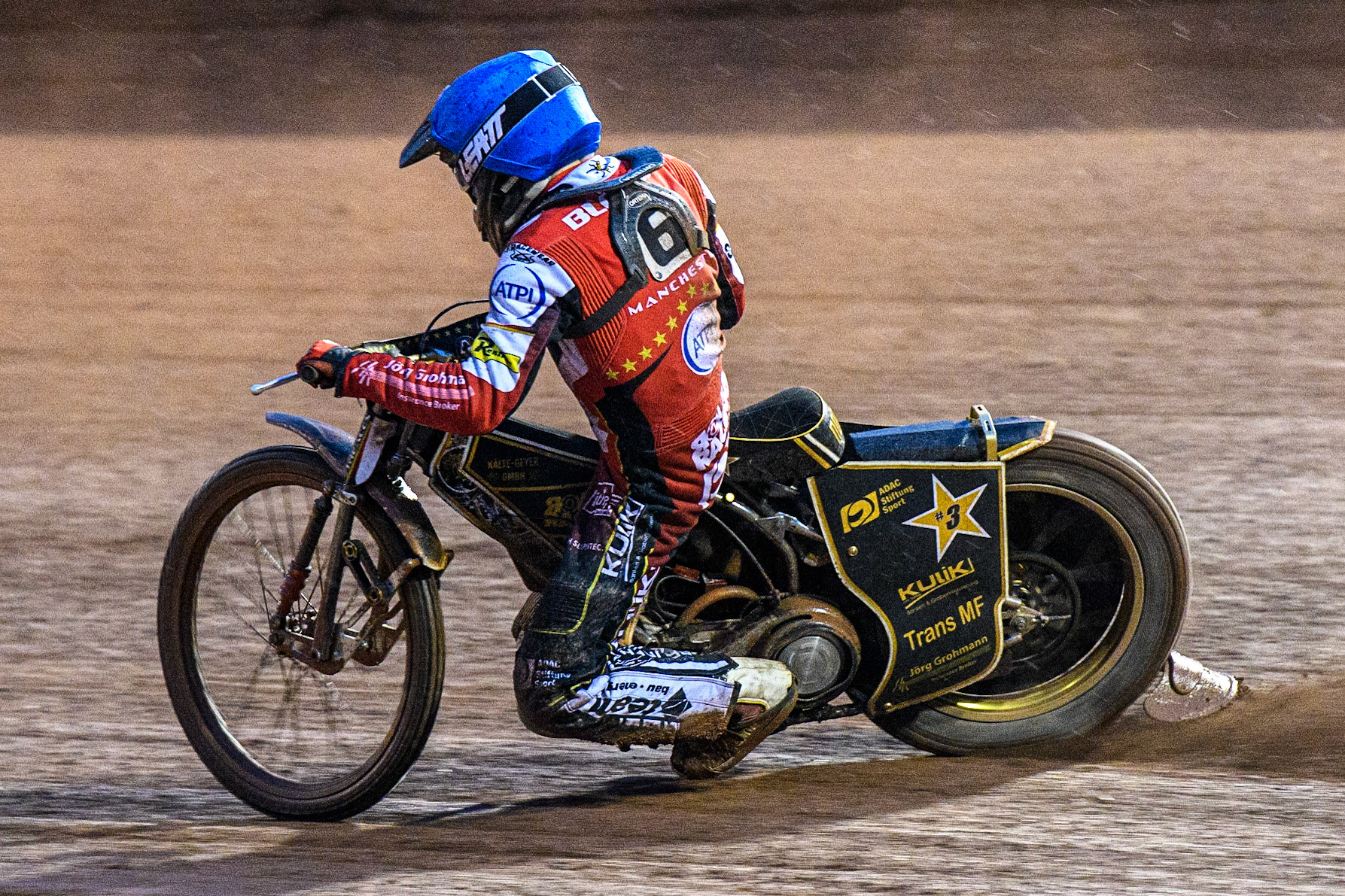 Norick Blodorn in action for for Belle Vue ATPI Aces during the Sports Insure Premiership match between Belle Vue Aces and King's Lynn Stars at the National Speedway Stadium, Manchester on Monday 21st August 2023. (Photo: Ian Charles | MI News)