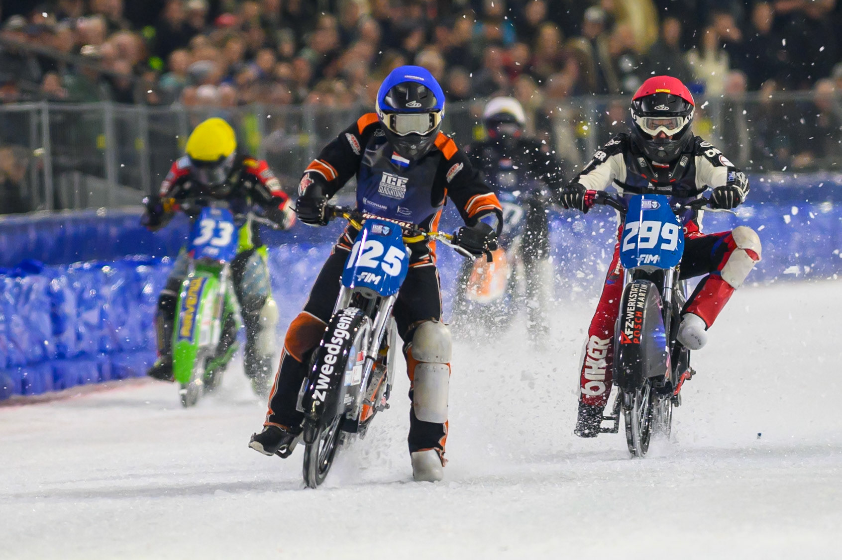 Sebastian Reitsma (125) of The Netherlands in Blue leading Martin Posch (299) of Austria  in Red, Johann Weber (33) of Germany in Yellow and Leon Kramer (777) of The Netherlands  in White during the FIM Ice Speedway Gladiators World Championship Final 3 at Ice Rink Thialf, Heerenveen on Saturday 11th April 2026. (Photo: Ian Charles | MI News)