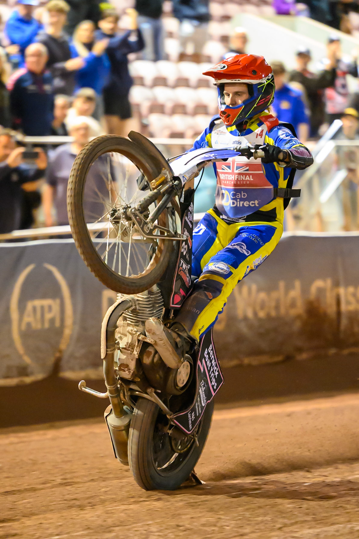 Leon Flint (14) celebrates with a wheelie after his third place during the Cab Direct British Speedway Championship Final at the National Speedway Stadium, Manchester on Saturday 15th August 2026. (Photo: Ian Charles | MI News)