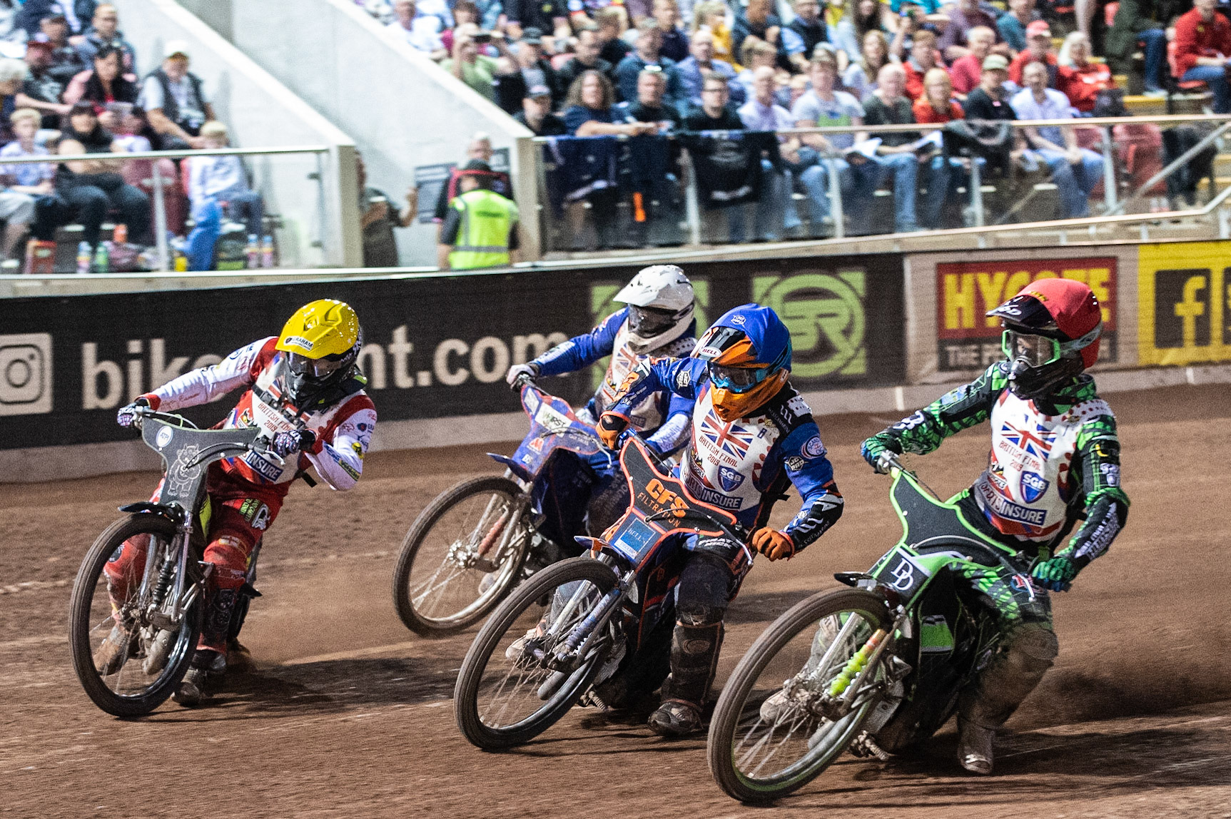 Photo: Ian Charles

Charles Wright (Red) inside Kyle Newman (Blue) Josh Auty (White) and Craig Cook (Yellow)

Sports Insure British Final,  Belle Vue National Speedway Stadium, Manchester Monday 29  July  2019