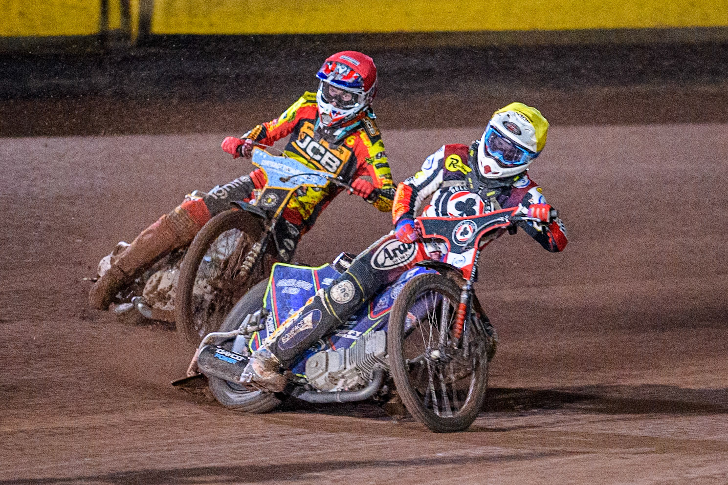 Belle Vue Aces' Jake Mulford in Blue leading Leicester Lions' Drew Kemp in Red during the Rowe Motor Oil Premiership Grand Final 2nd Leg between Leicester Lions and Belle Vue Aces at the Pidcock Motorcycles Arena, Leicester on Thursday 26th September 2024. (Photo: Ian Charles | MI News)